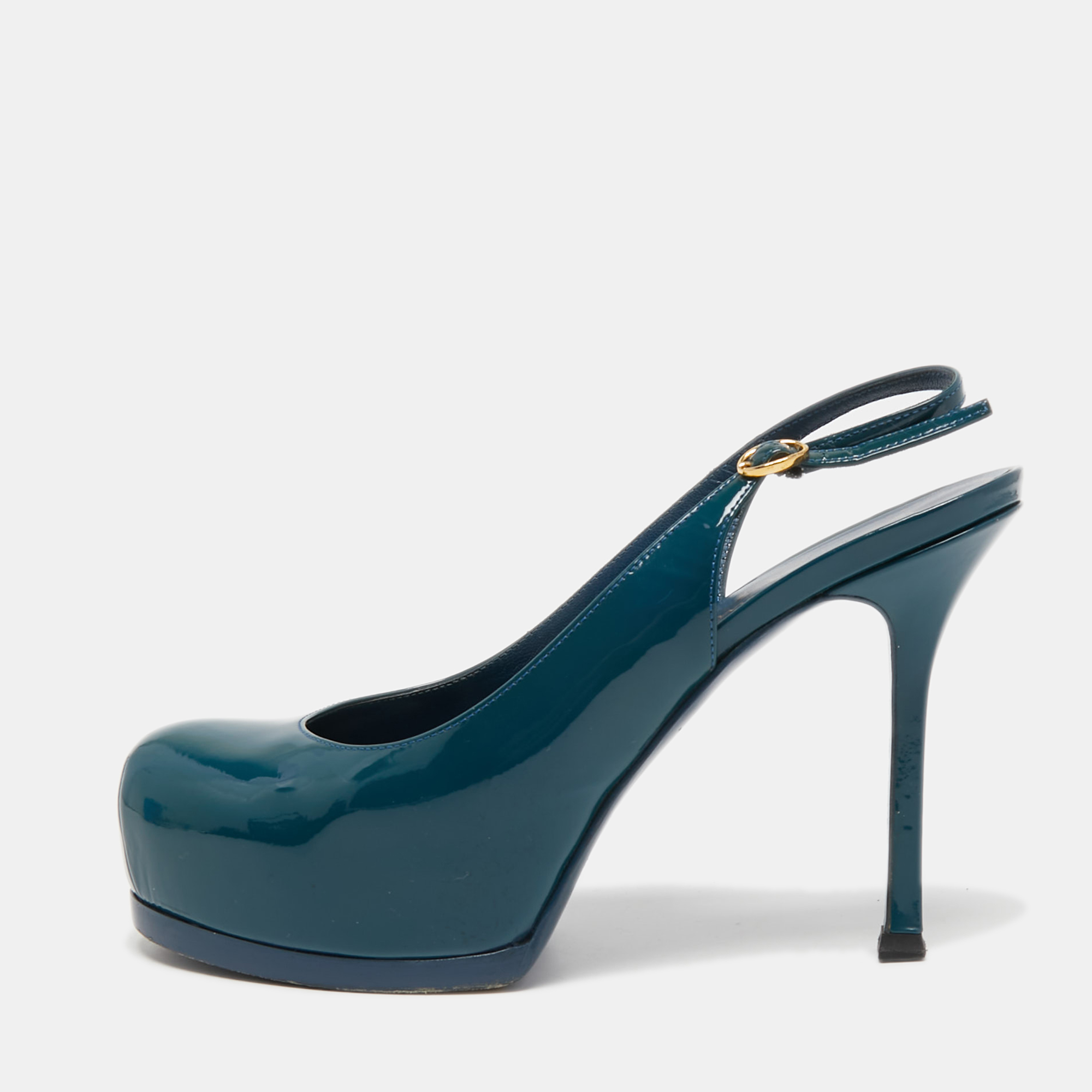 Pre-owned Saint Laurent Teal Patent Leather Tribtoo Slingback Pumps Size 36 In Green