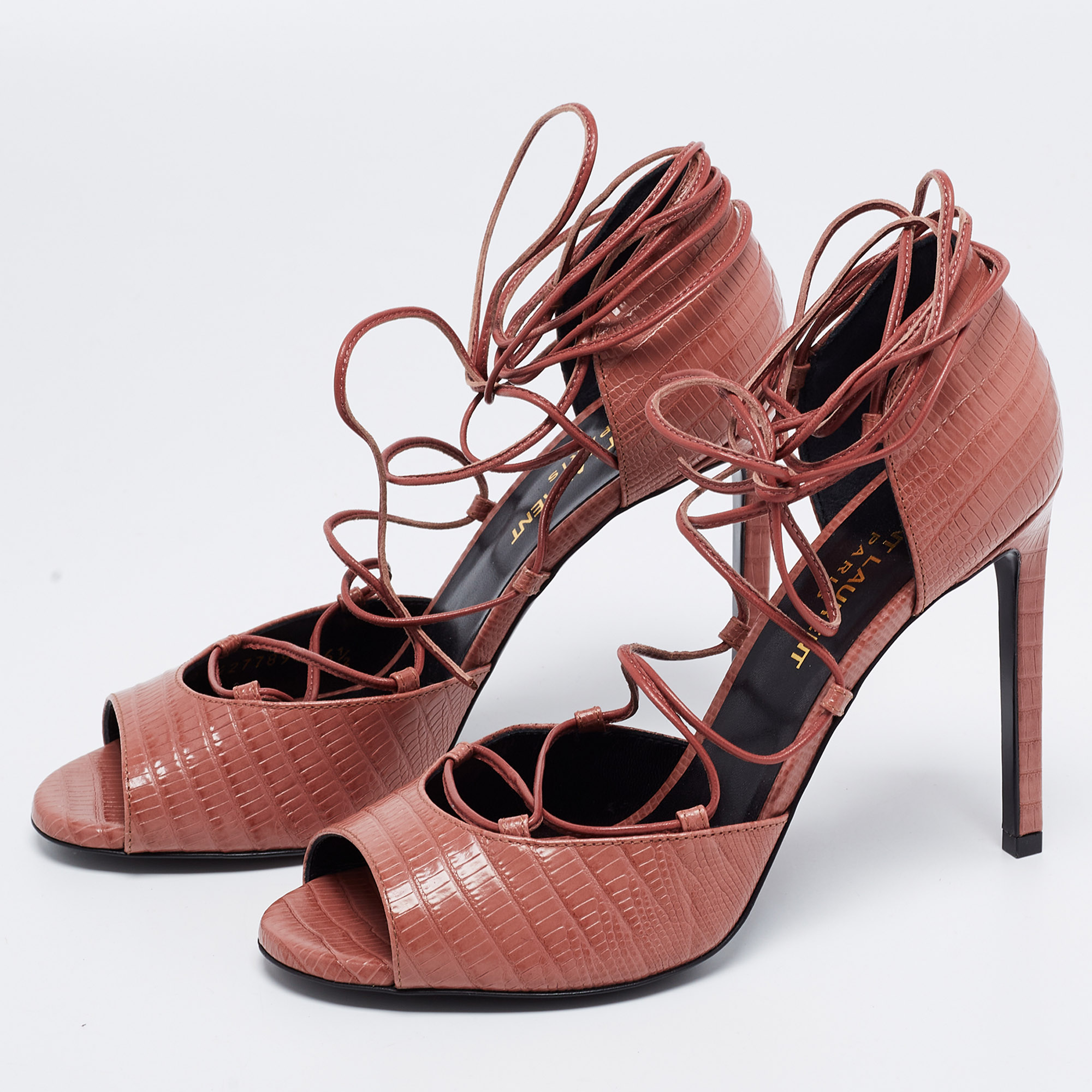 

Saint Laurent Pink Lizard Embossed Leather Ankle Wrap Sandals Size