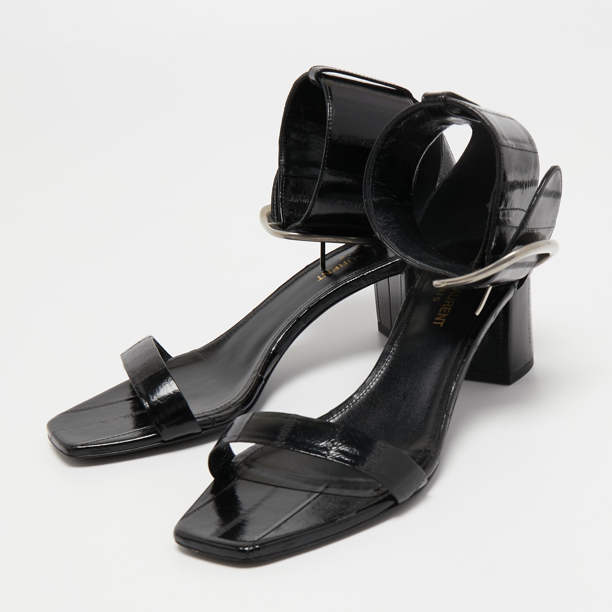 

Saint Laurent Black Eel Leather Loulou Ankle Cuff Sandals Size