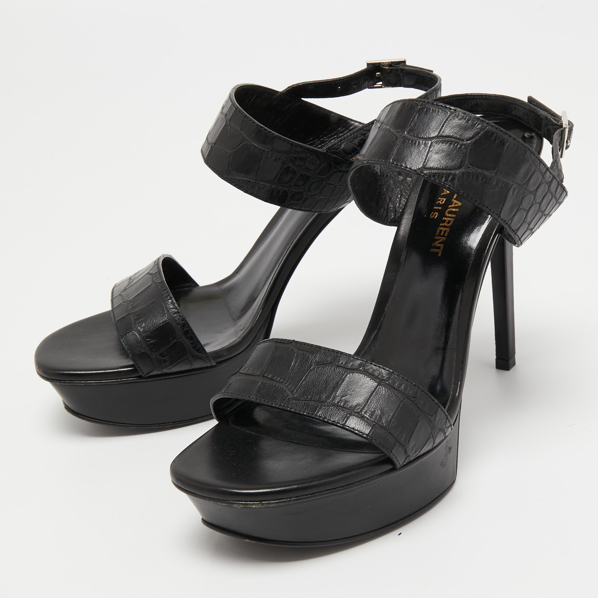 

Saint Laurent Black Croc Embossed Leather Ankle Strap Sandals Size
