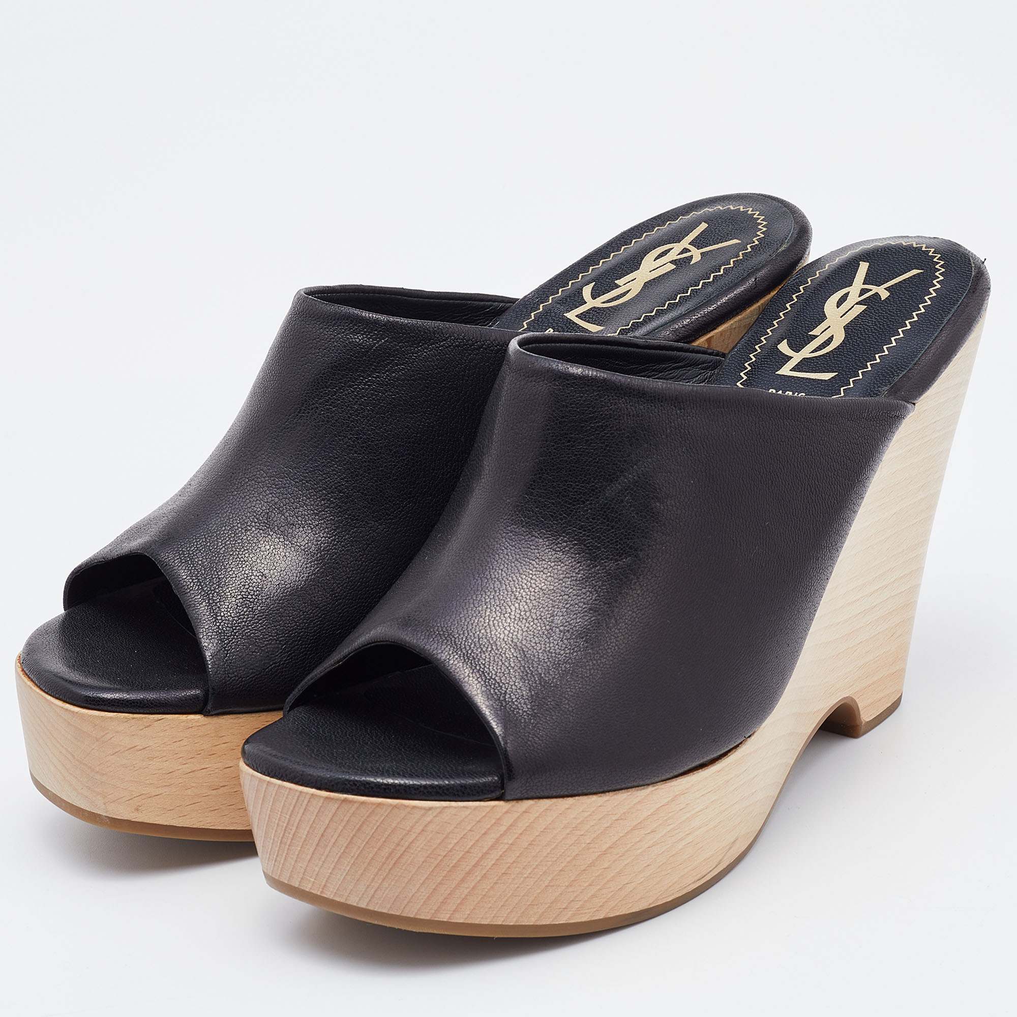 

Saint Laurent Black Leather Platform Slide Wedge Sandals Size