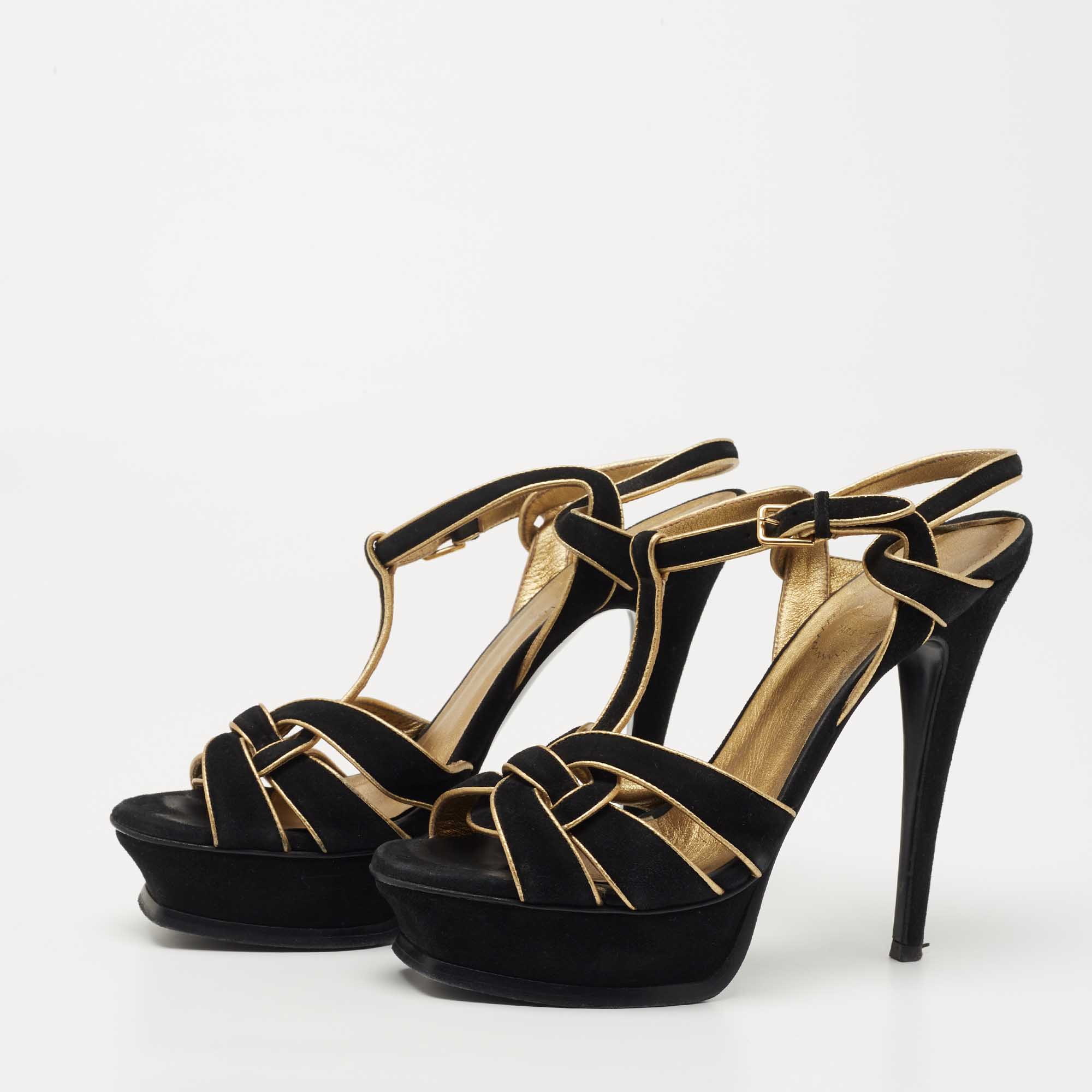 

Saint Laurent Black/Gold Suede Tribute Sandals Size