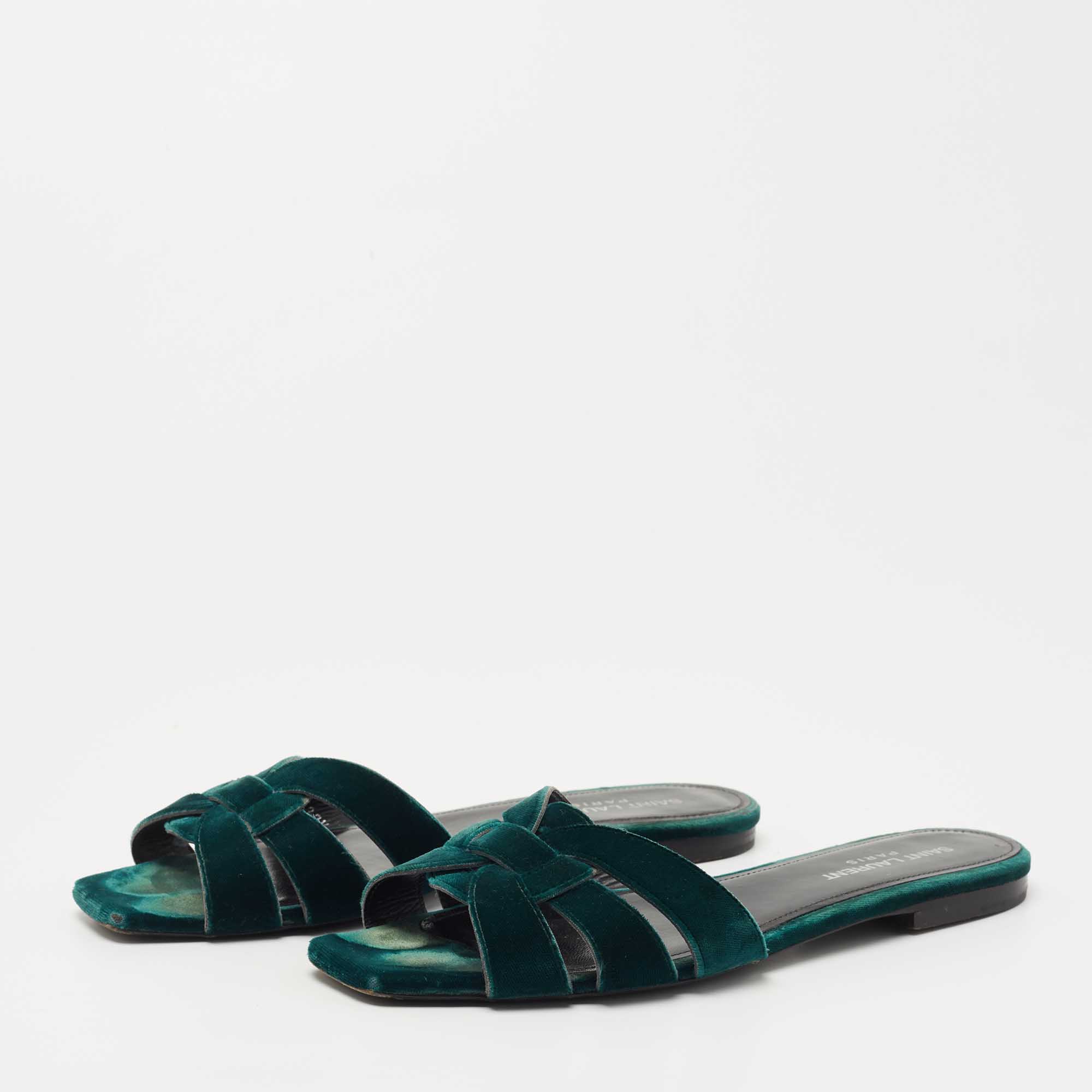 

Saint Laurent Dark Green Velvet Tribute Flat Slides Size