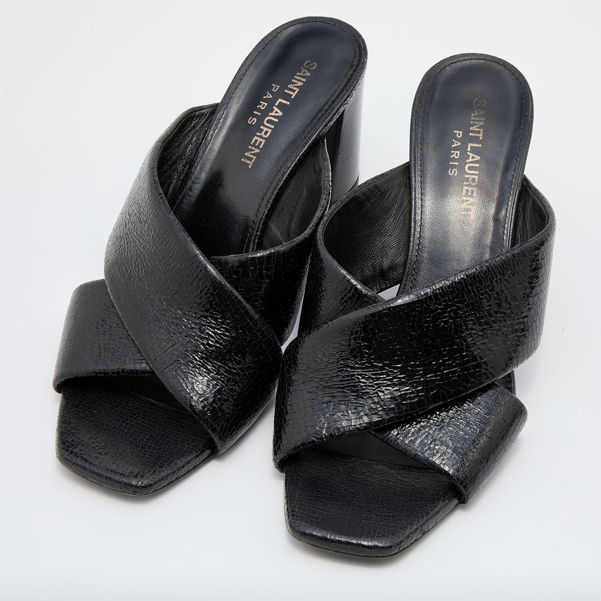 

Saint Laurent Black Patent Leather Loulou Cross Strap Slide Sandals Size