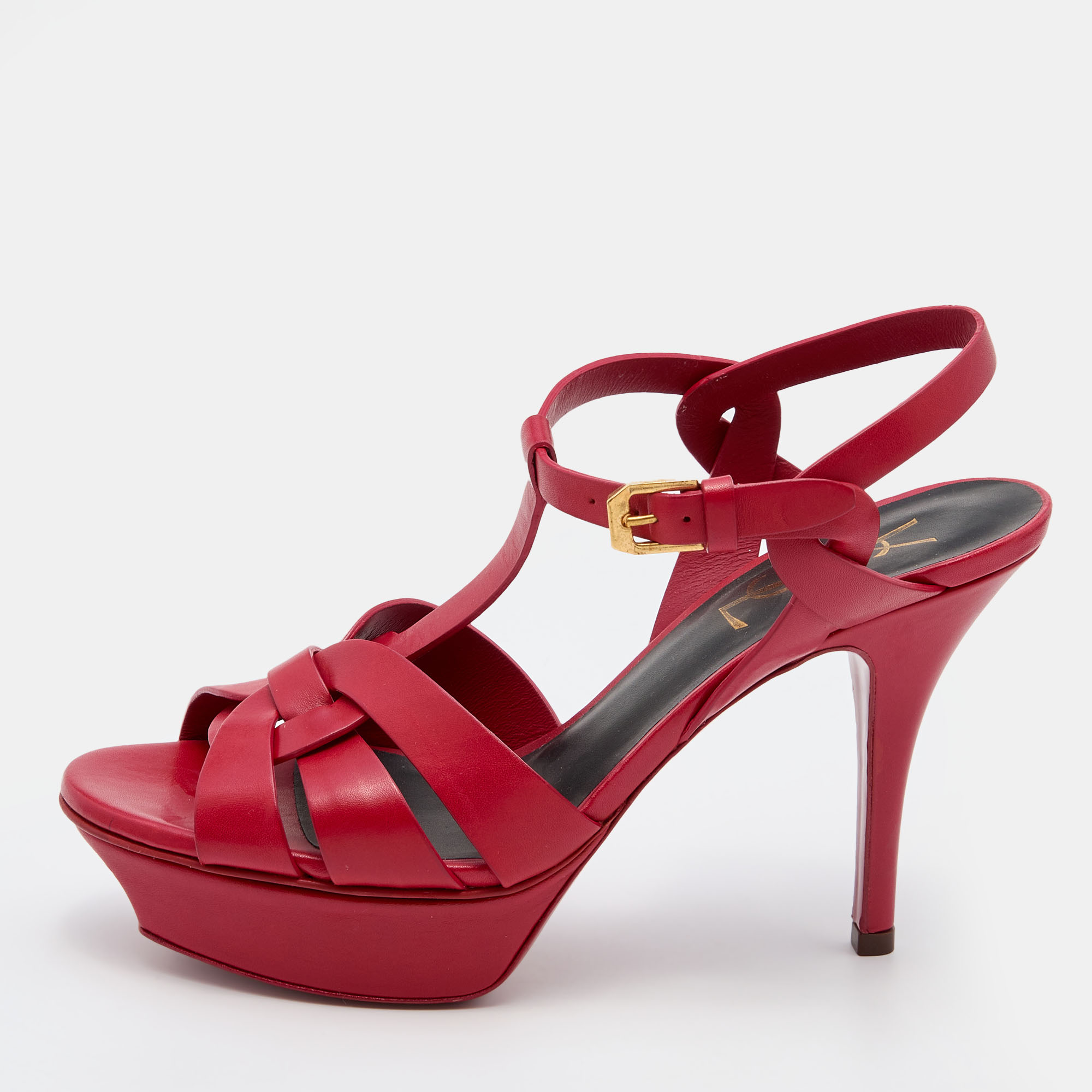Saint Laurent Red Leather Tribute Platform Sandals Size 36