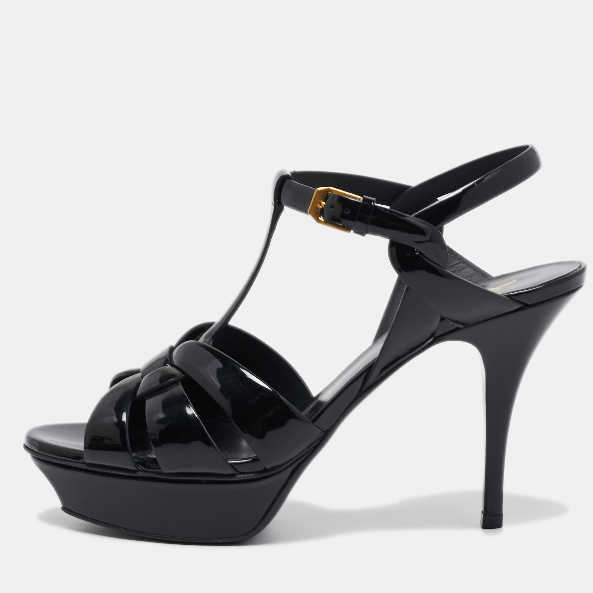 Saint Laurent Black Patent Leather Tribute Sandals Size 40