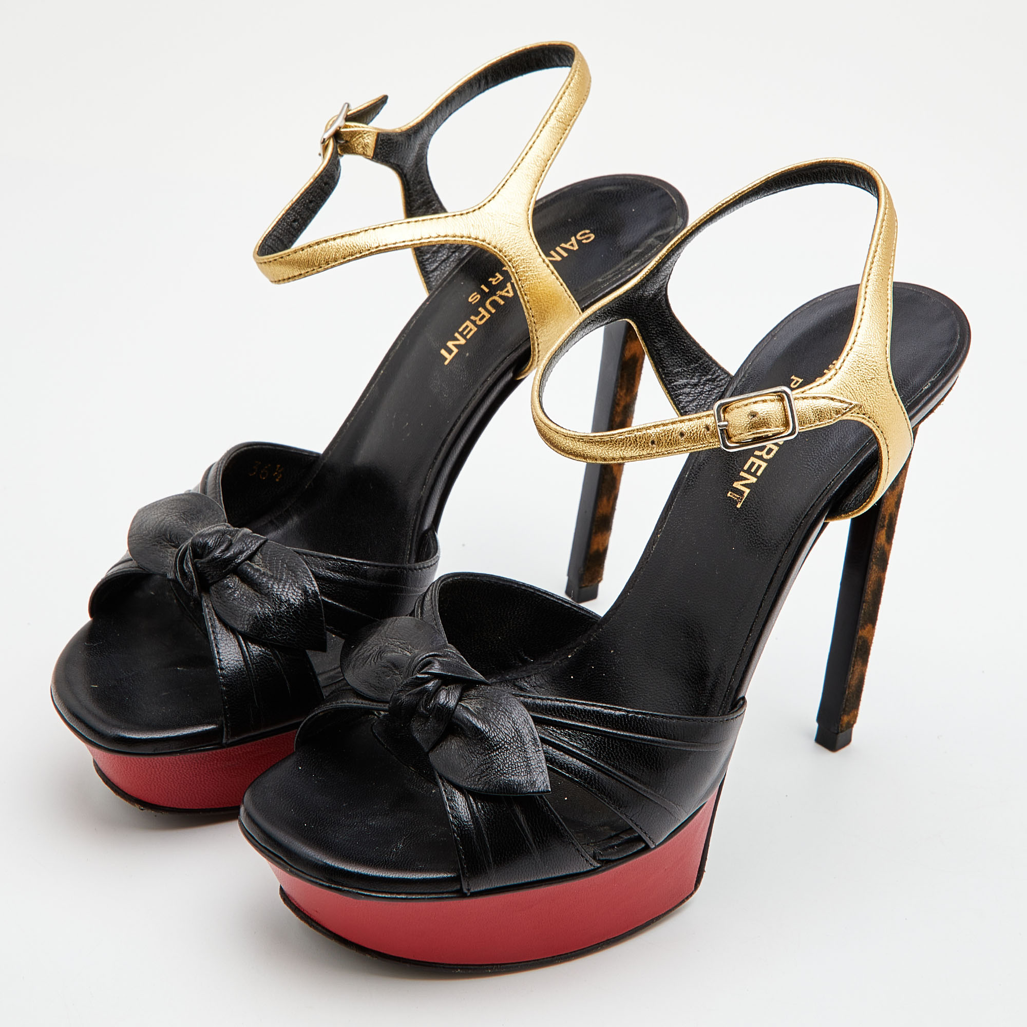 

Saint Laurent Black/Gold Leather Platform Ankle Strap Sandals Size