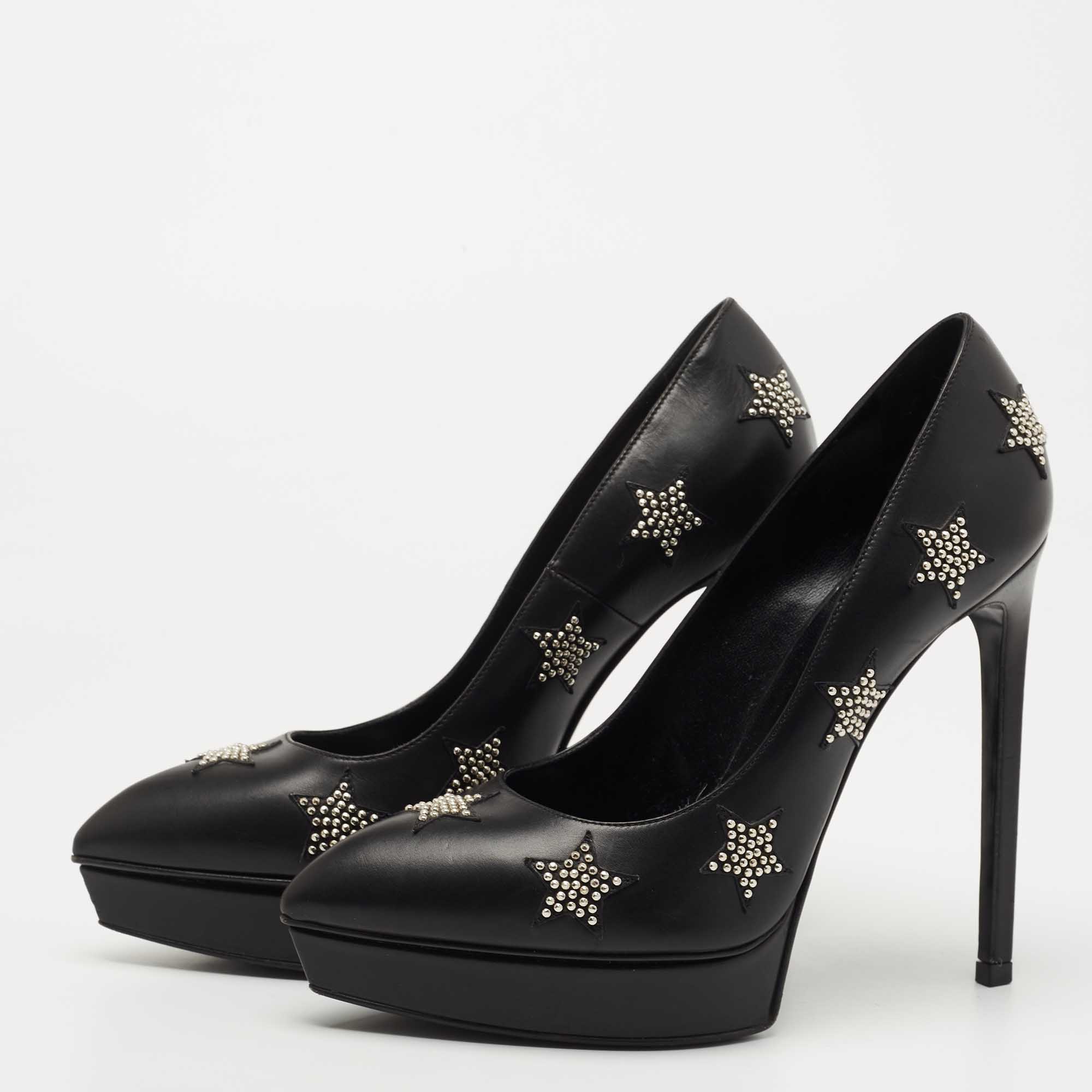 

Saint Laurent Black Leather Studded Star Platform Pumps Size