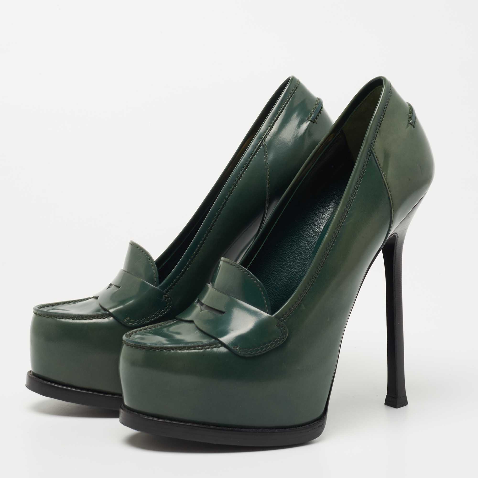 

Saint Laurent Dark Green Leather Tribtoo Penny Loafer Pumps Size