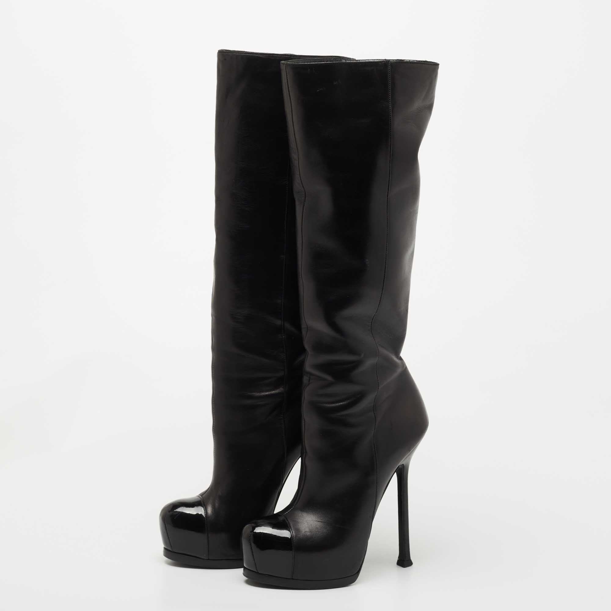 

Saint Laurent Black Leather Tribute Knee Length Boots Size