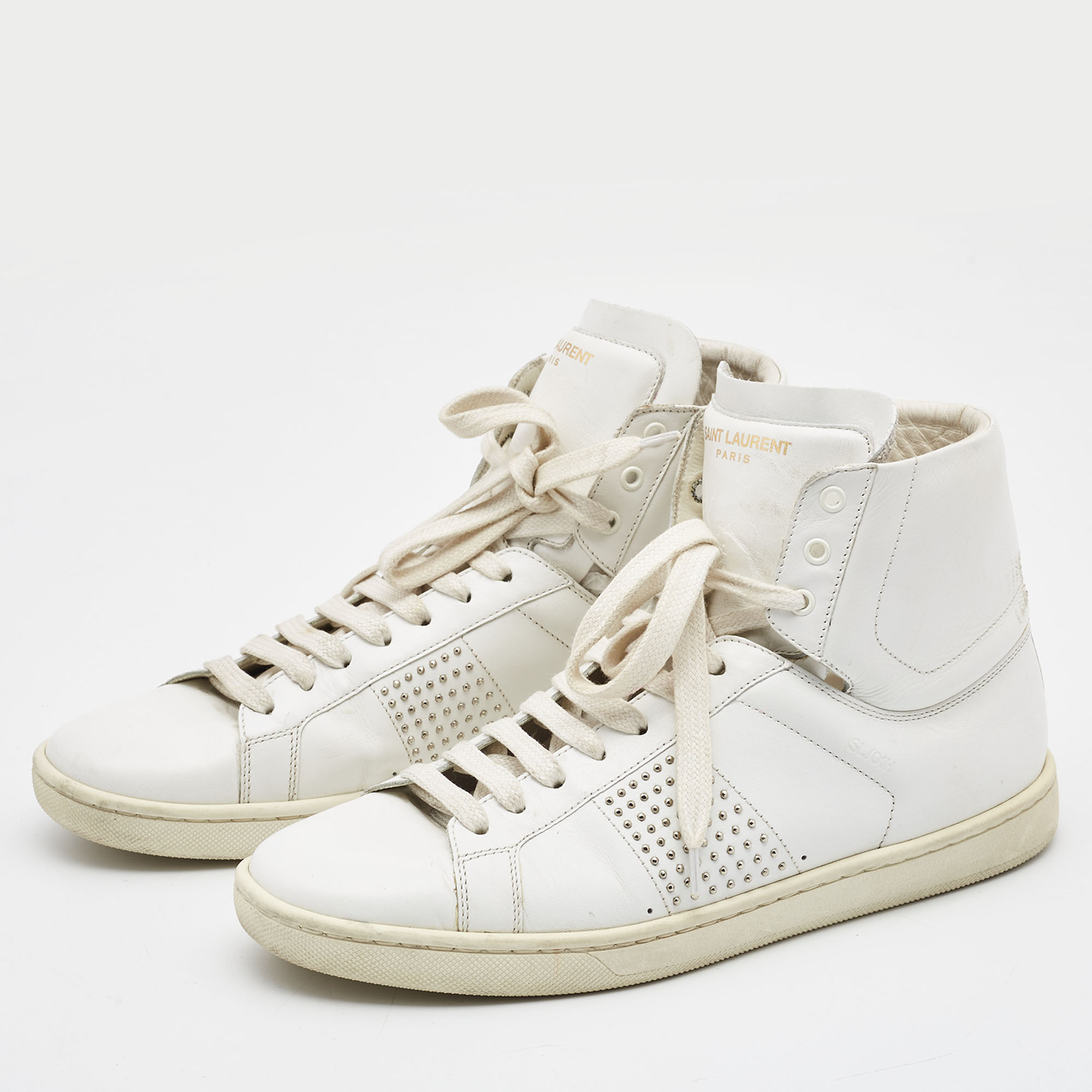 

Saint Laurent White Leather Studded High Top Sneakers Size
