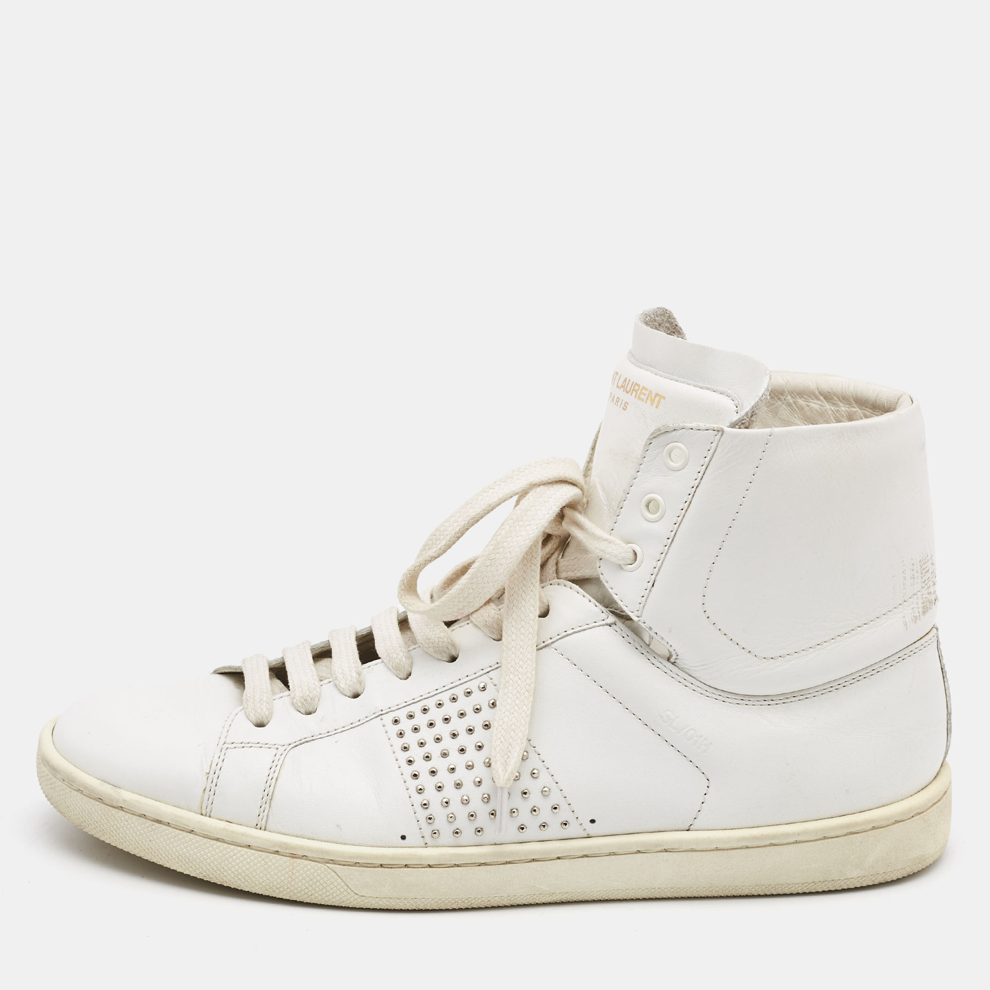 Pre-owned Saint Laurent White Leather Studded High Top Sneakers Size 37
