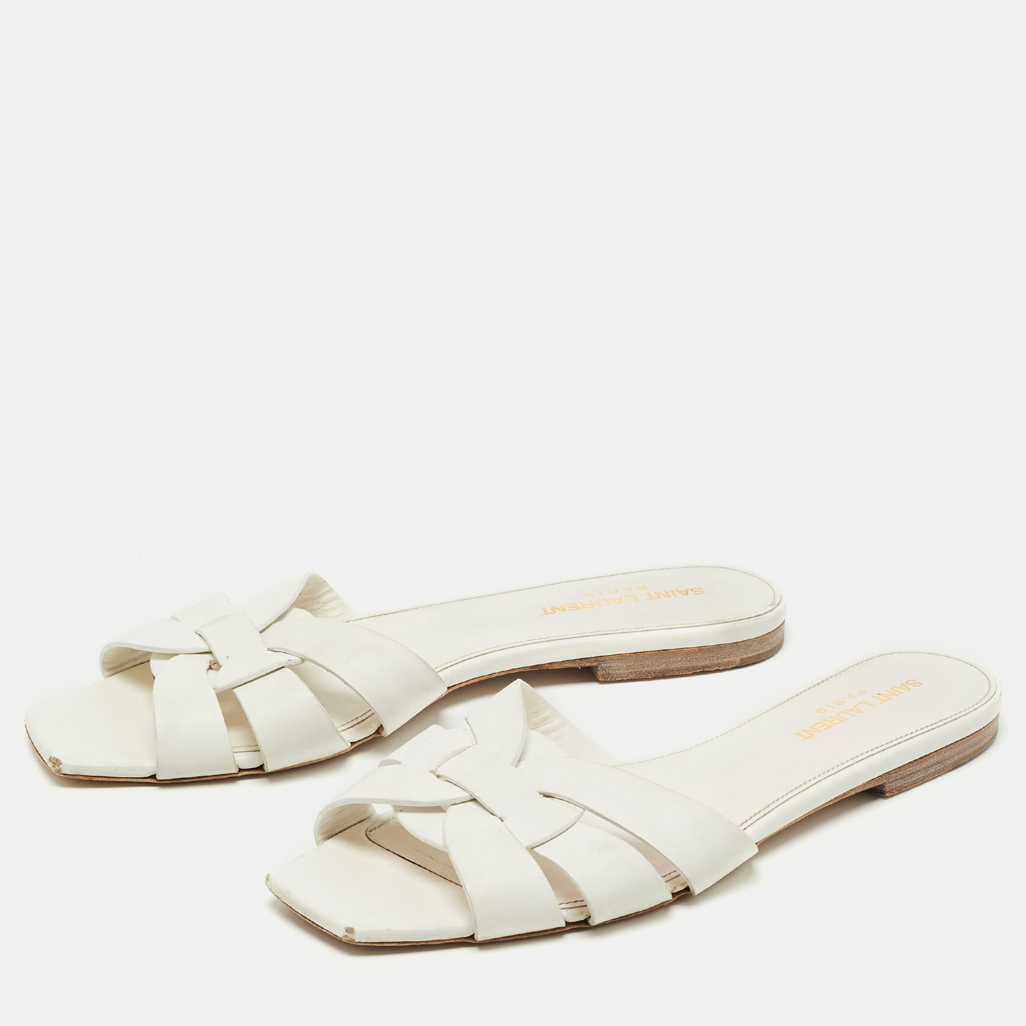 

Saint Laurent White Leather Tribute Flat Slides Size