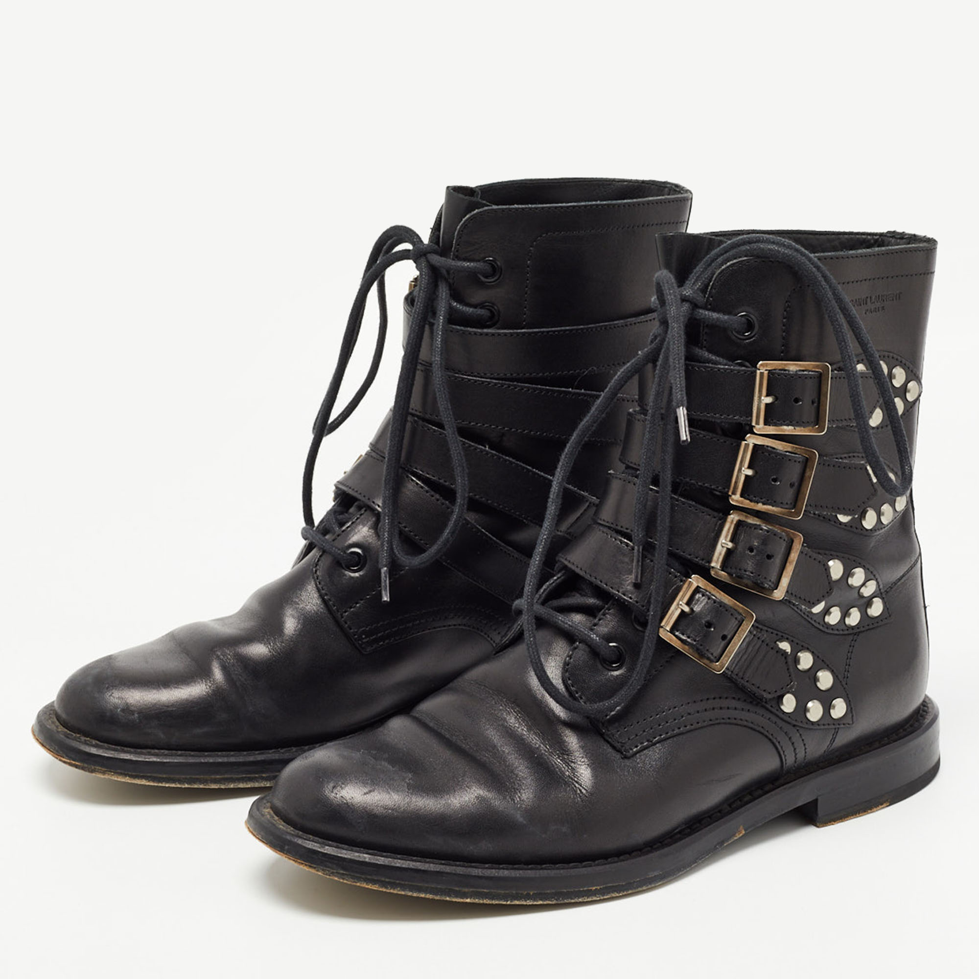 

Saint Laurent Black Leather Studded Rangers Boots Size