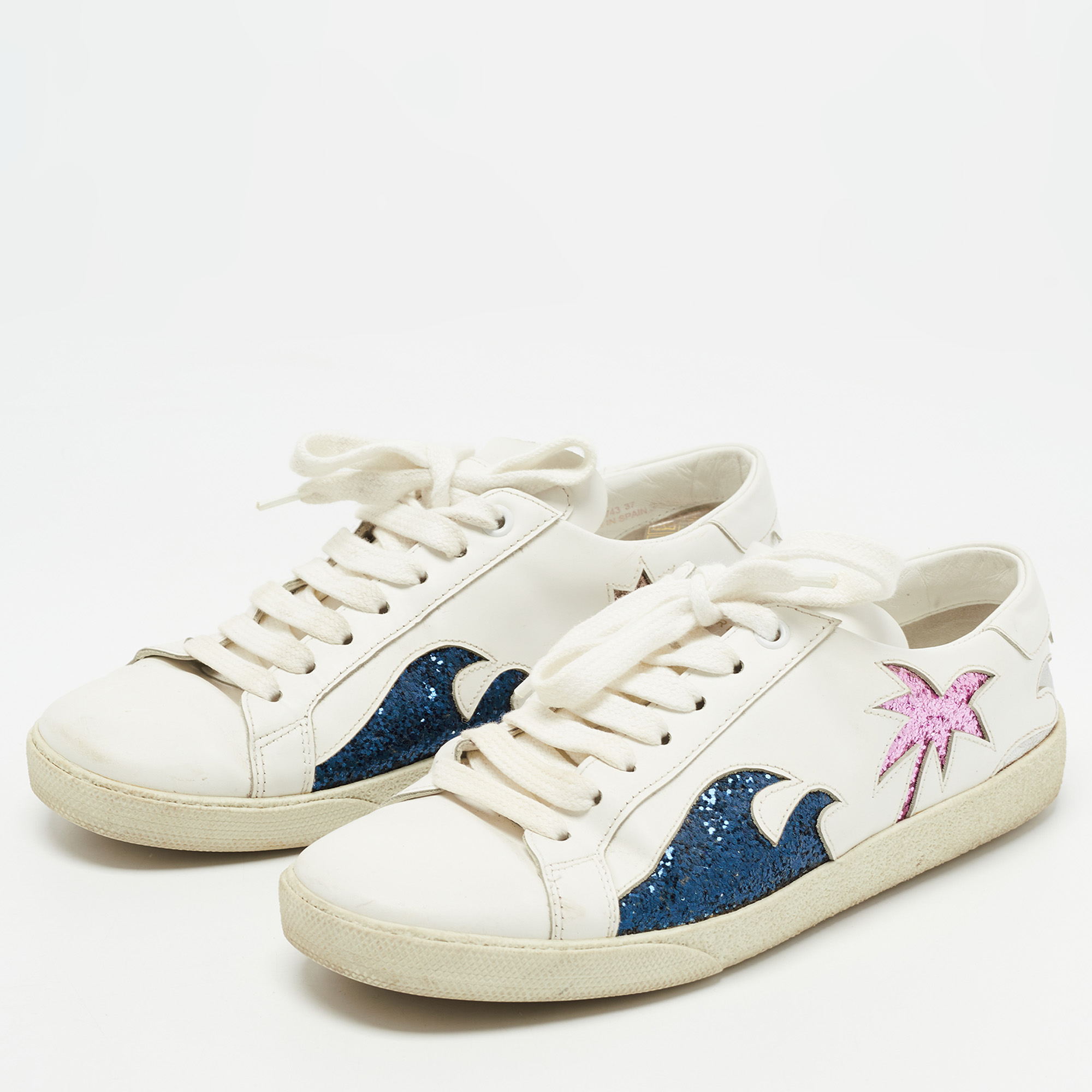 

Saint Laurent Paris White/Blue Glitter and Leather Lace Up Sneakers Size