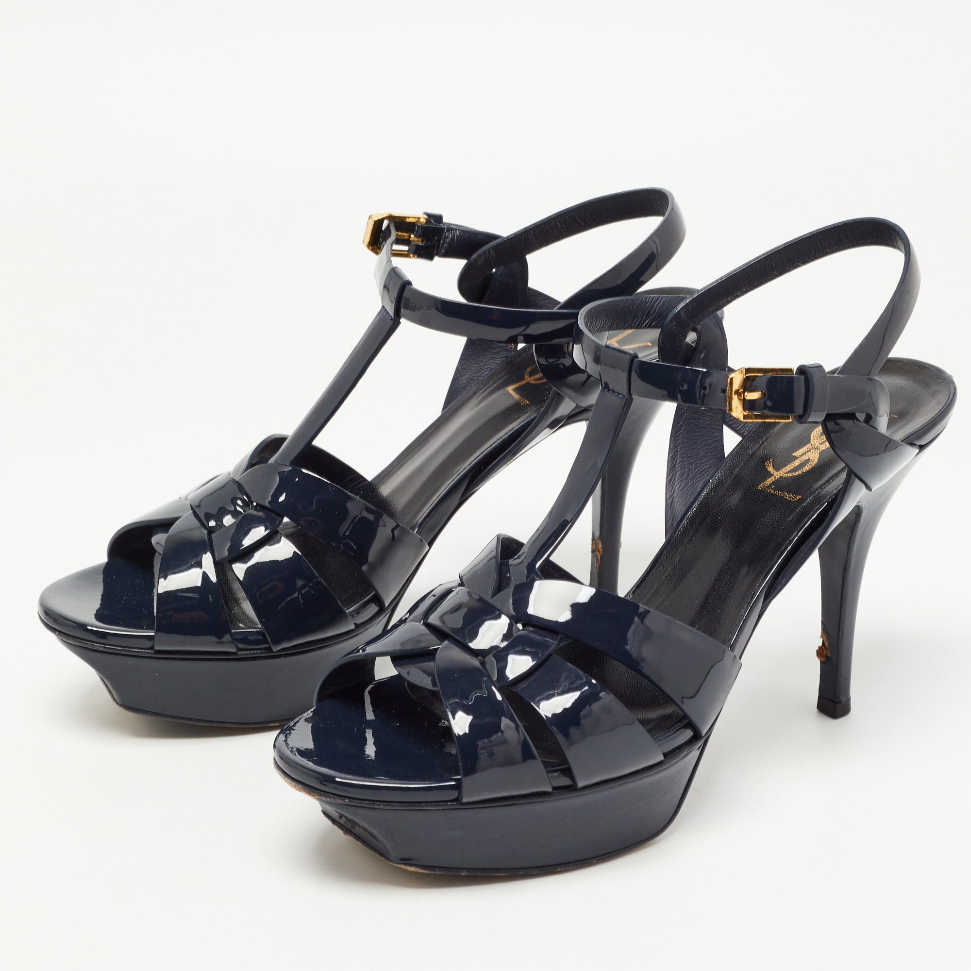 

Saint Laurent Navy Blue Patent Leather Tribute Sandals Size