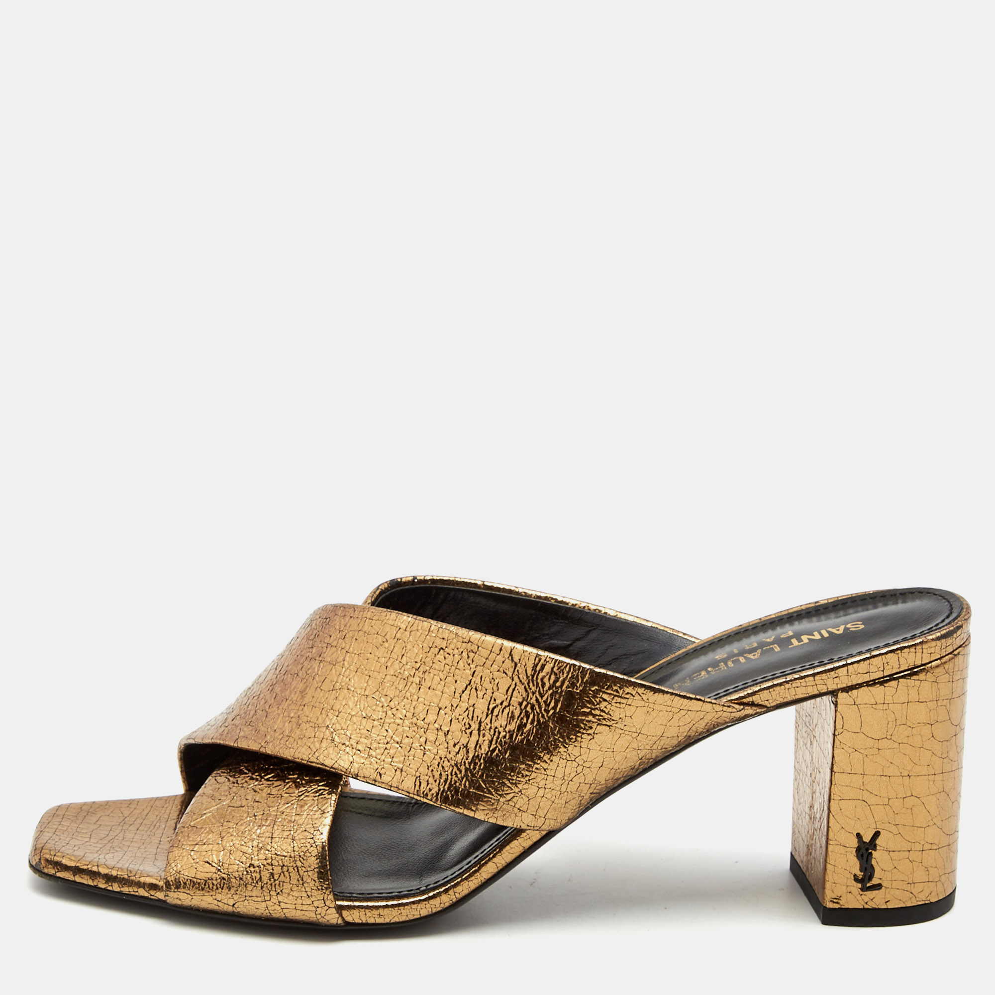 Pre-owned Saint Laurent Metallic Textured Leather Loulou Slide Sandals Size 39.5