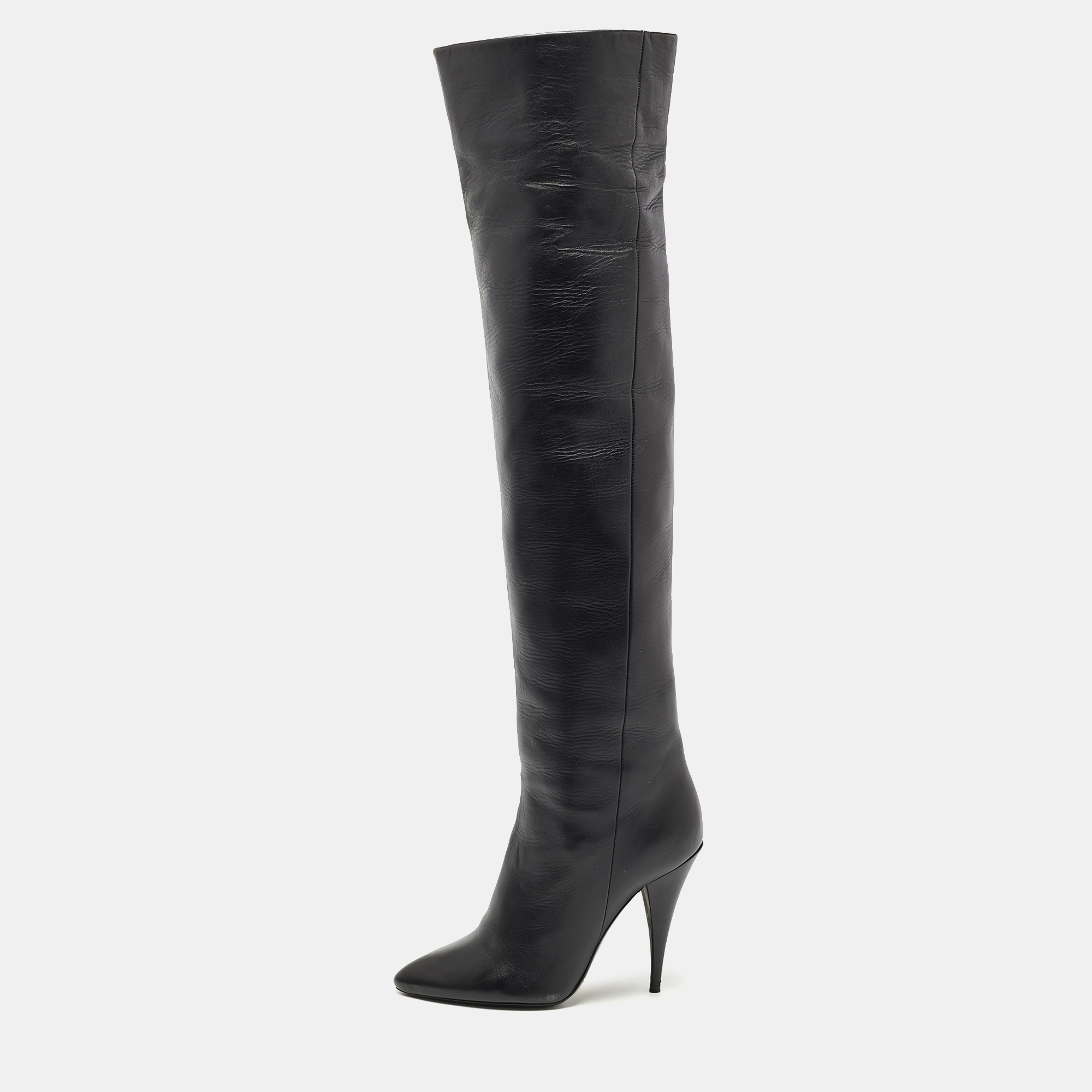 Pre-owned Saint Laurent Black Leather Knee Length Boots Size 37