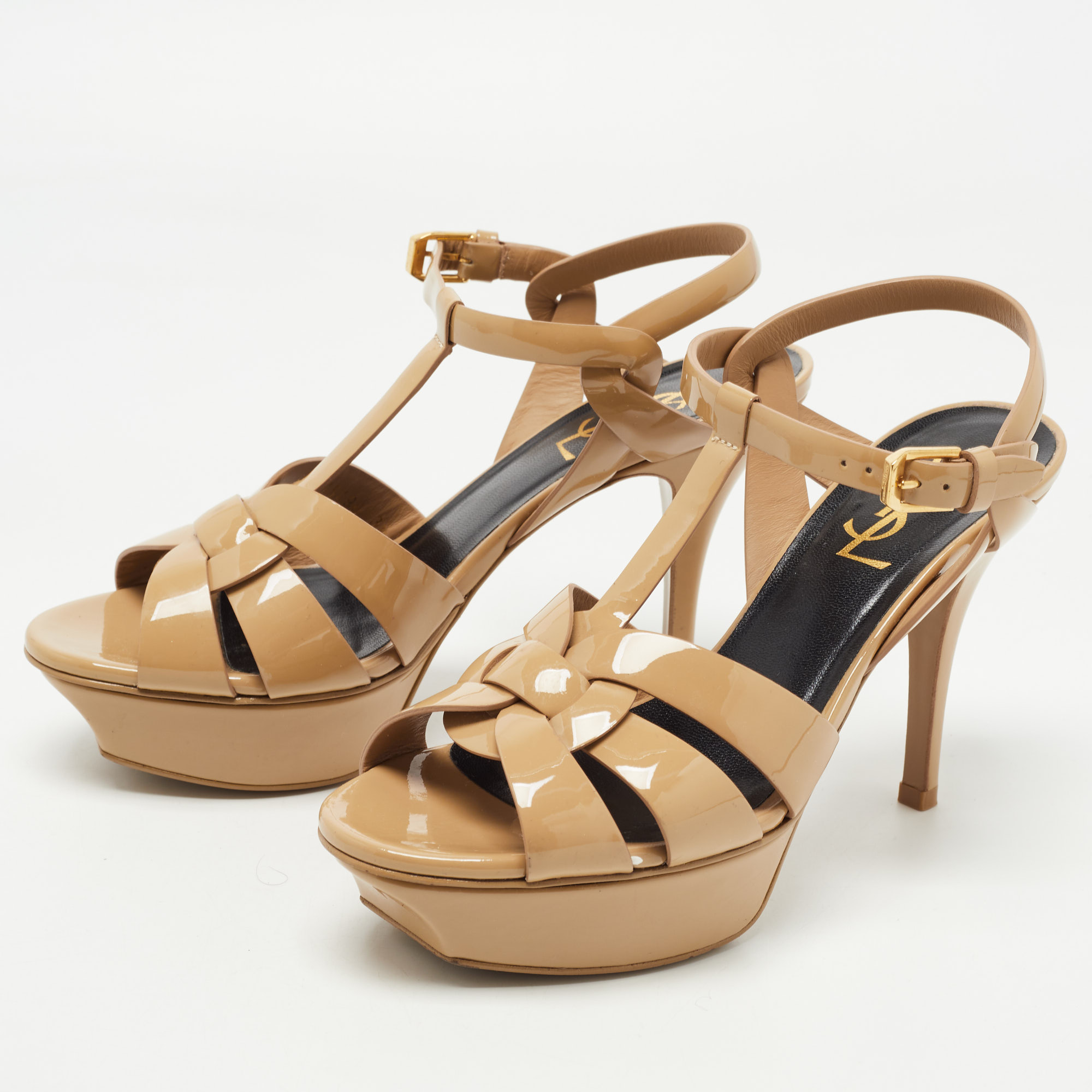 

Saint Laurent Paris Beige Patent Leather Tribute Sandals Size
