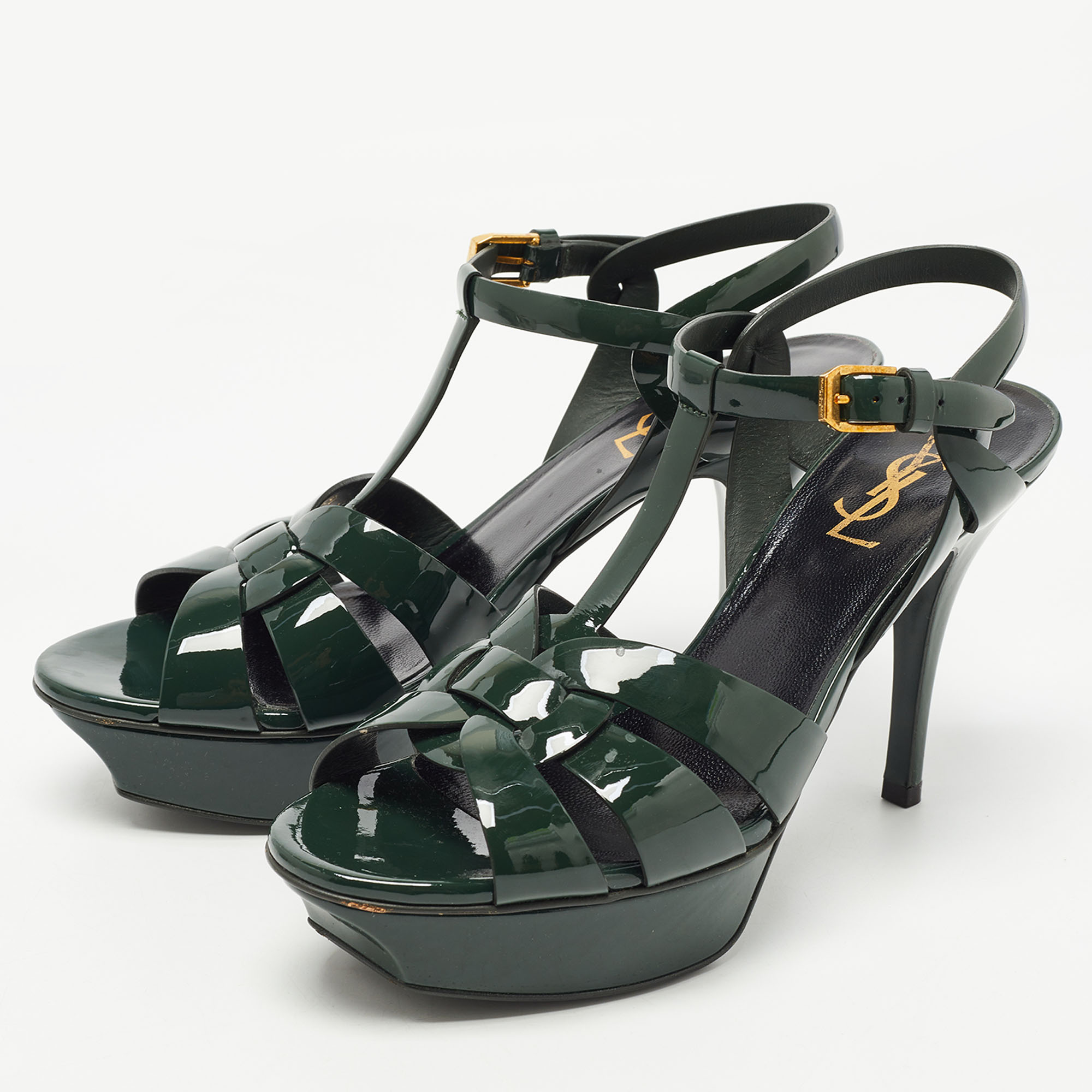 

Saint Laurent Paris Green Patent Tribute Sandals Size