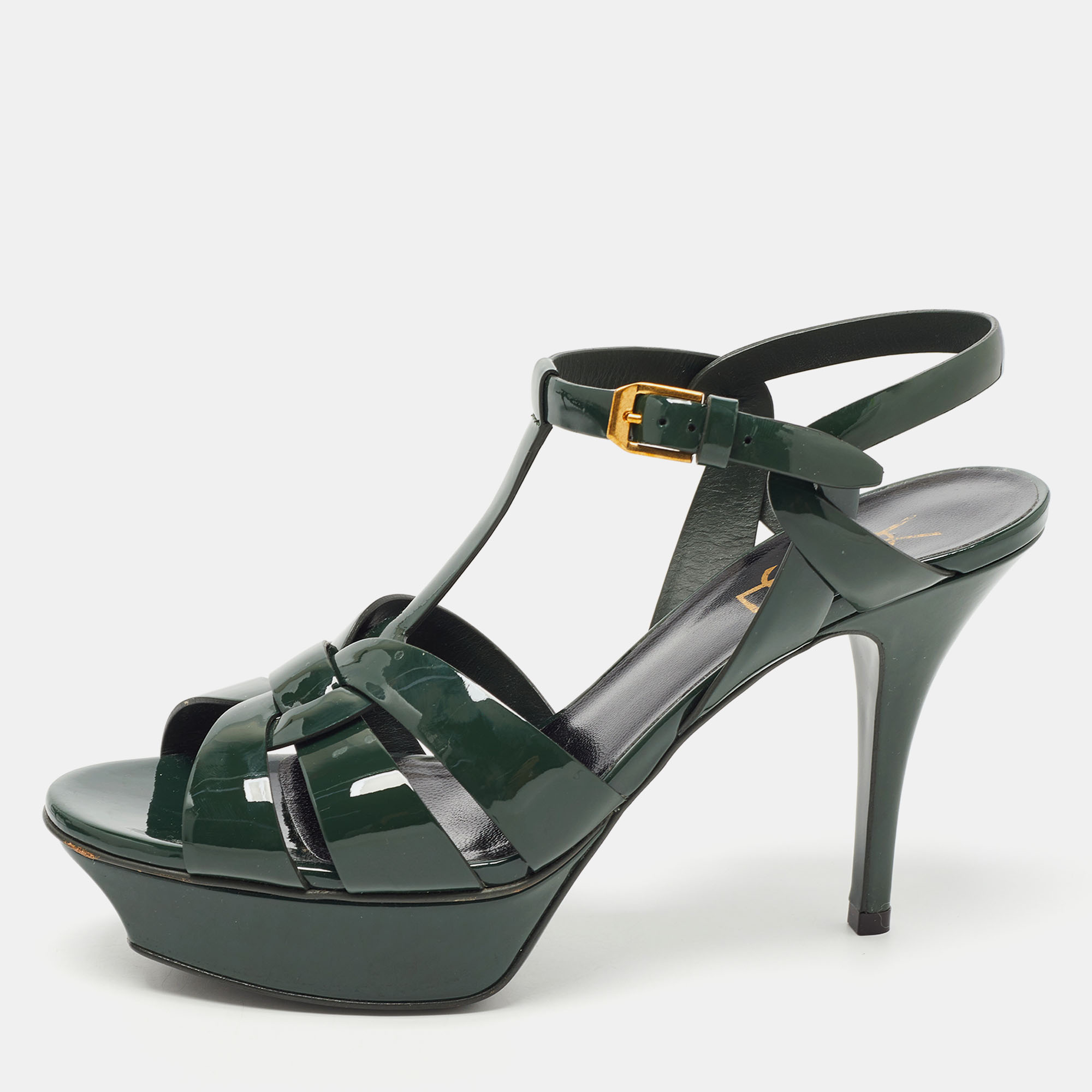 Pre-owned Saint Laurent Green Patent Tribute Sandals Size 38