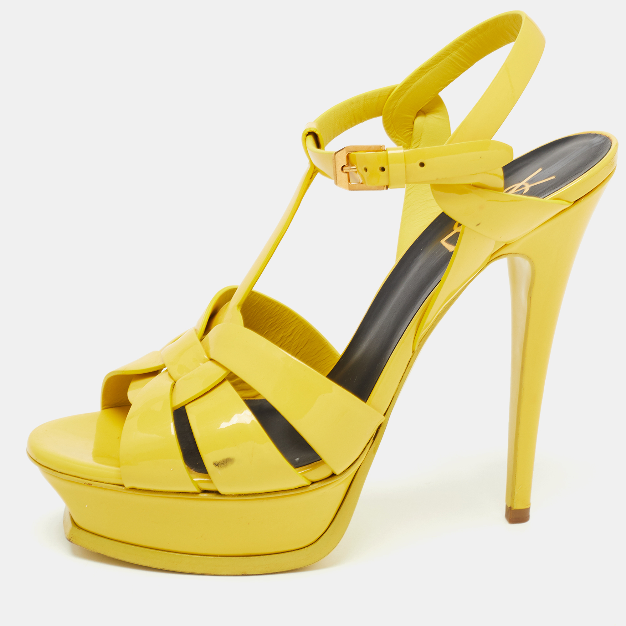Pre-owned Saint Laurent Yellow Patent Leather Tribute Sandals Size 39