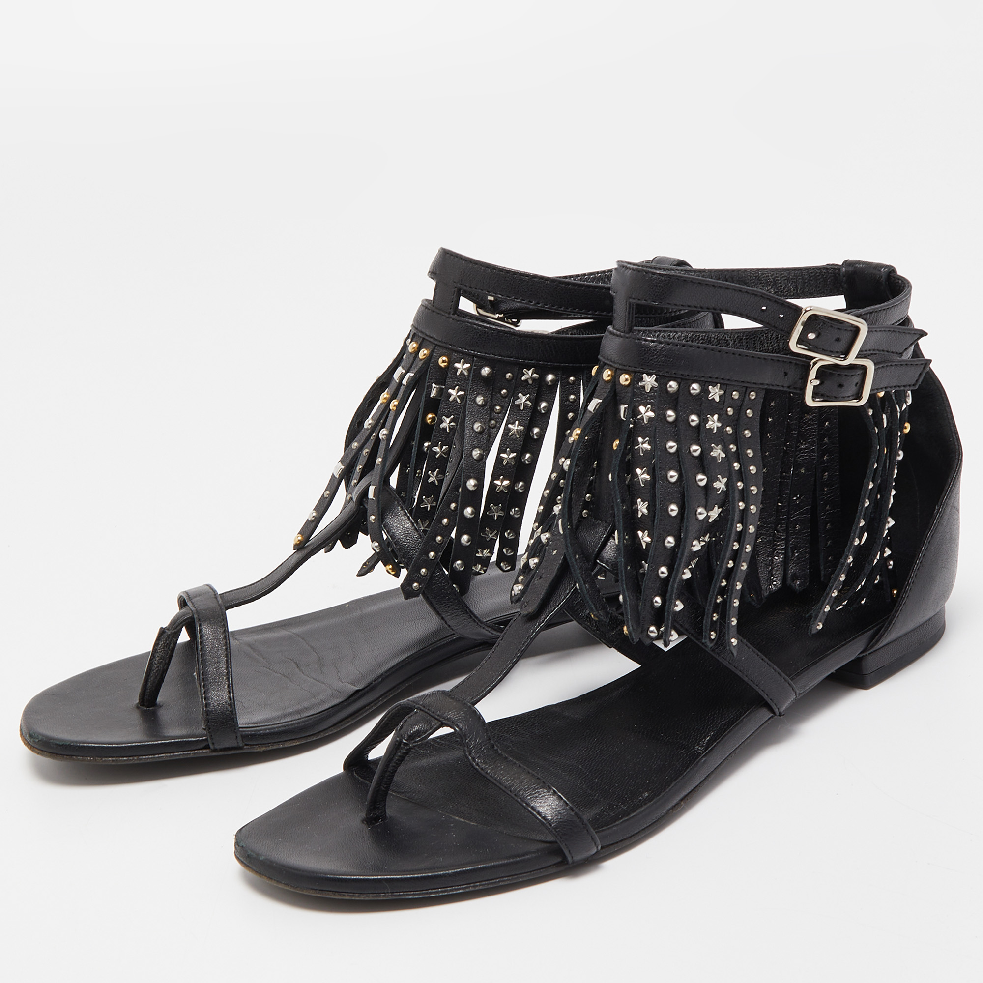 

Saint Laurent Paris Black Leather Fringed Detail Ankle Strap Flat Sandals Size