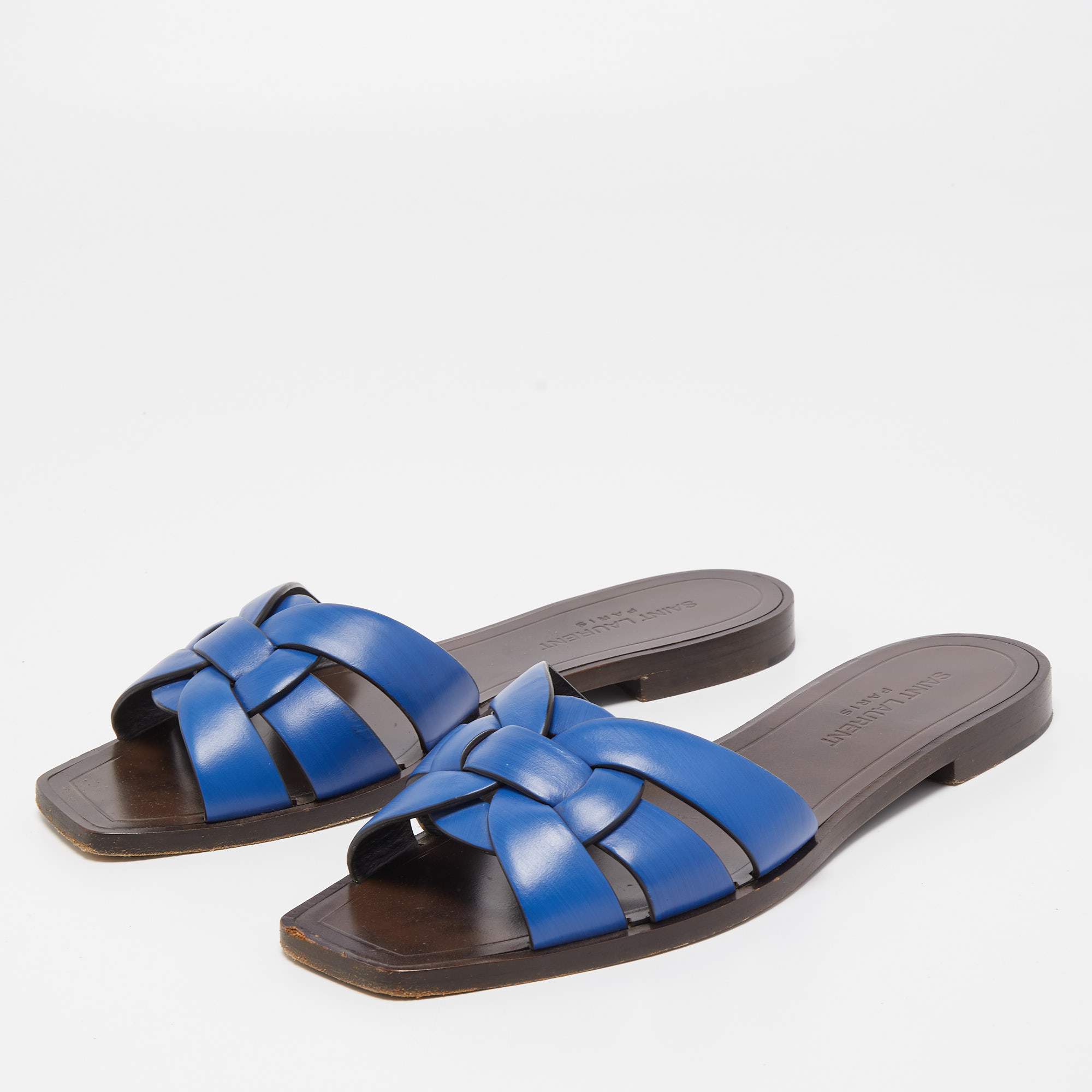 

Saint Laurent Blue Leather Tribute Slide Flats Size