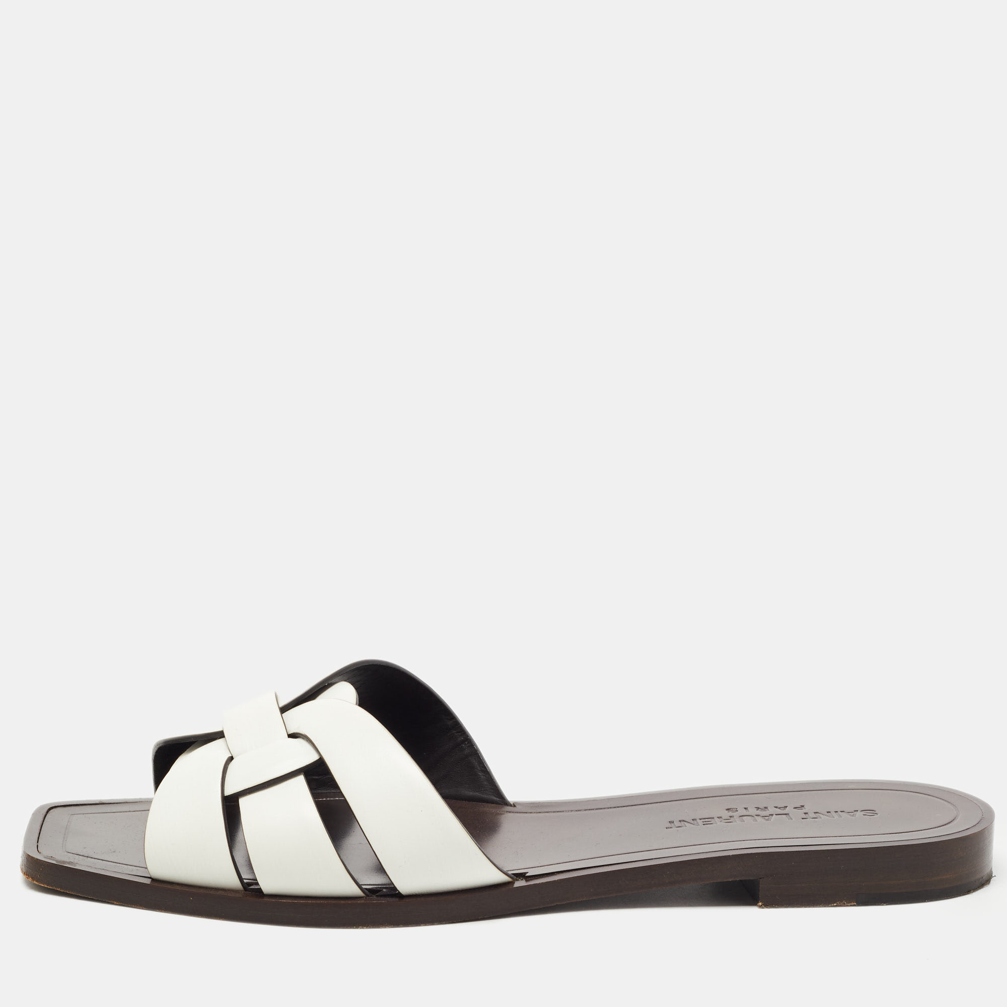 Pre Owned Saint Laurent White Leather Tribute  Flat Slides Size 37 