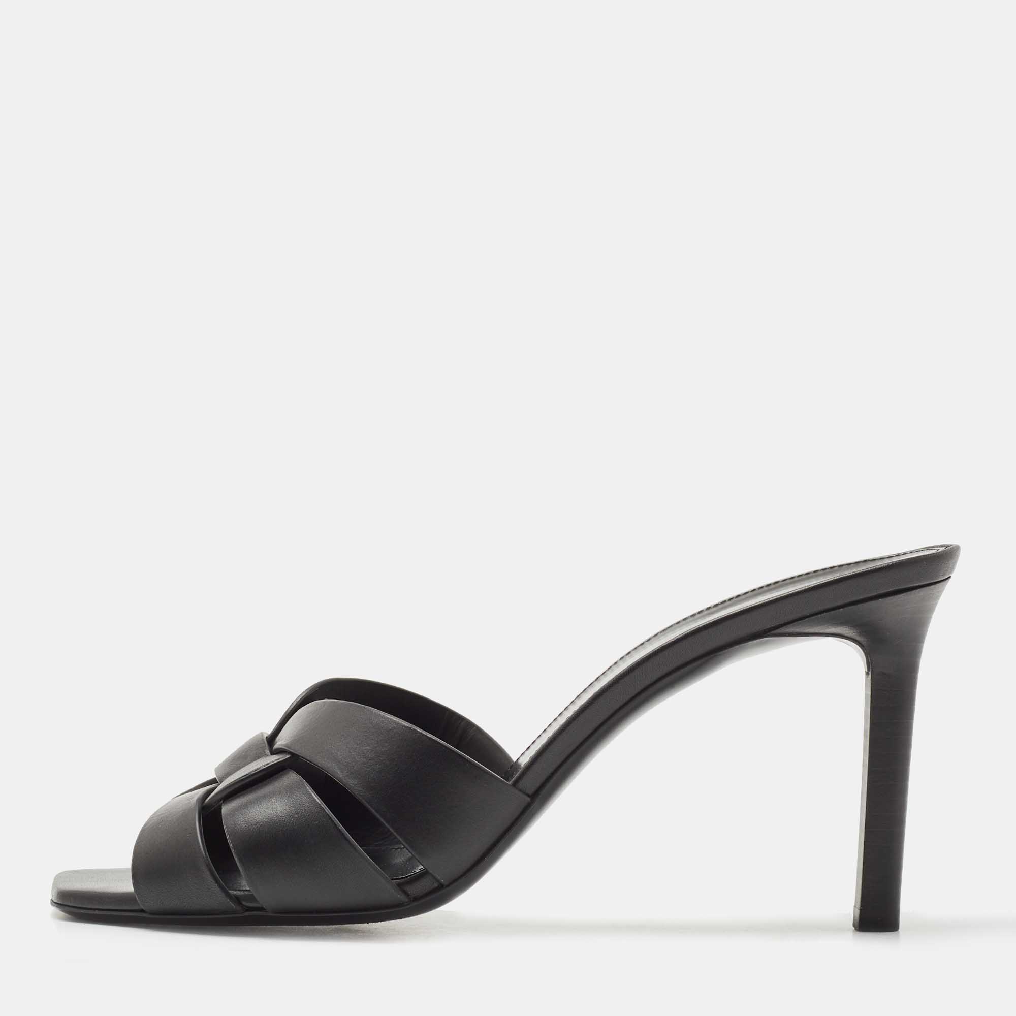 Pre Owned Saint Laurent Black Leather Tribute Slide Sandals Size 40