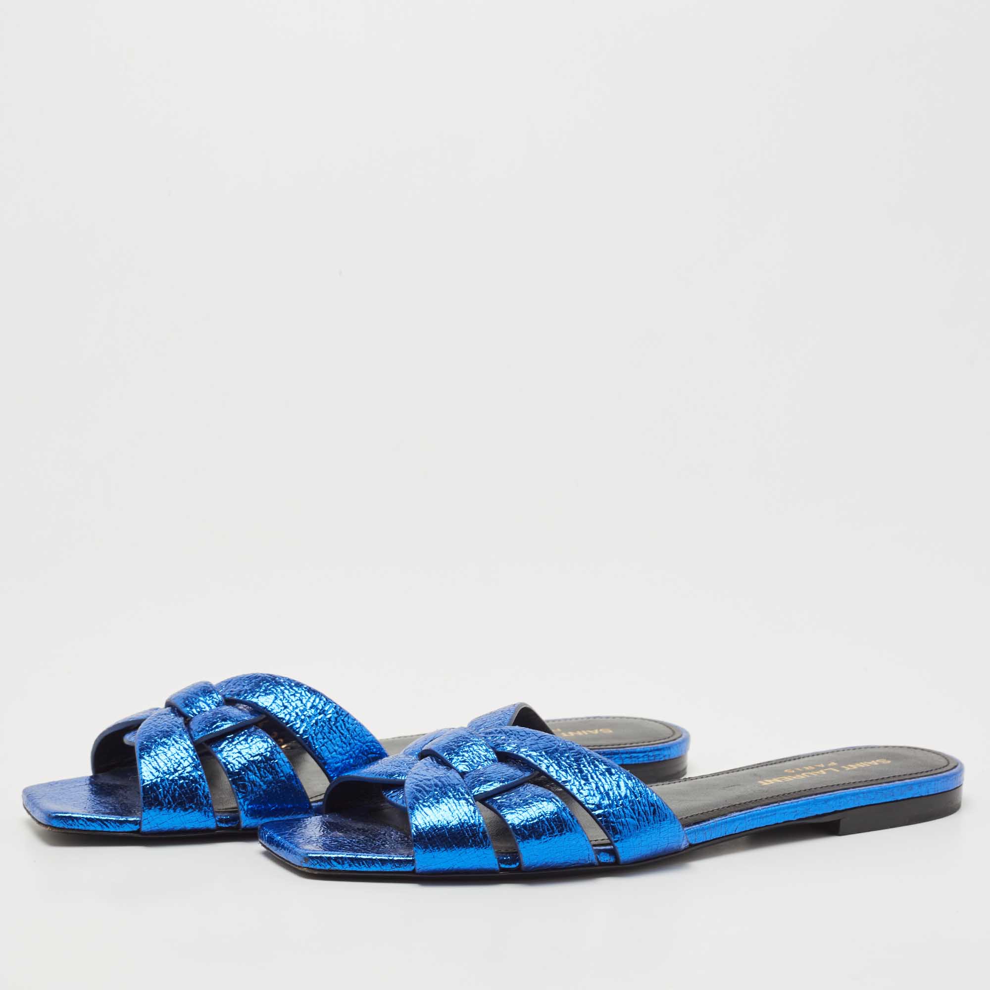 

Saint Laurent Paris Blue Texture Leather Tribute Slide Flat Size