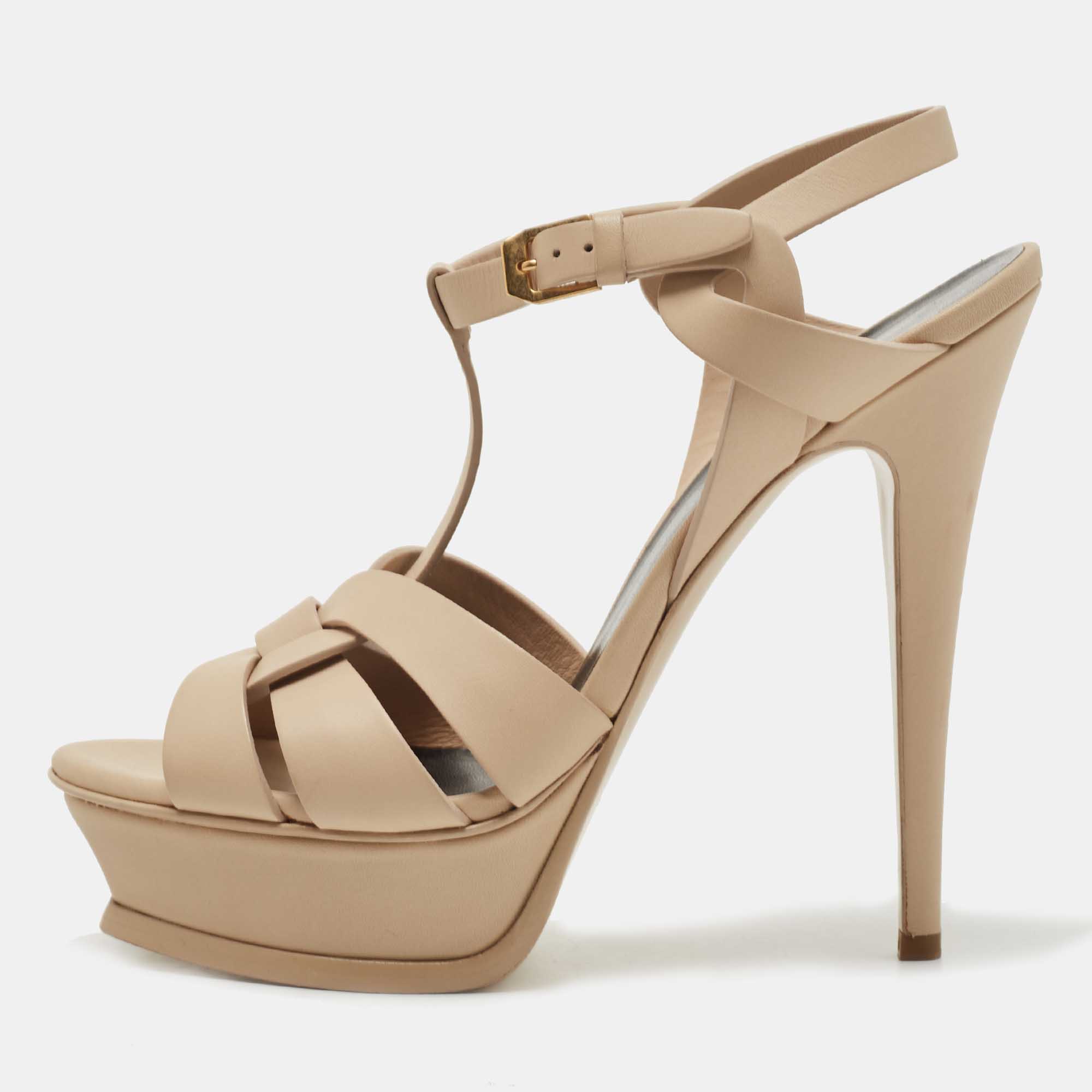 مملوكة مسبقًا Saint Laurent Beige Leather Tribute Ankle Strap Sandals Size 38