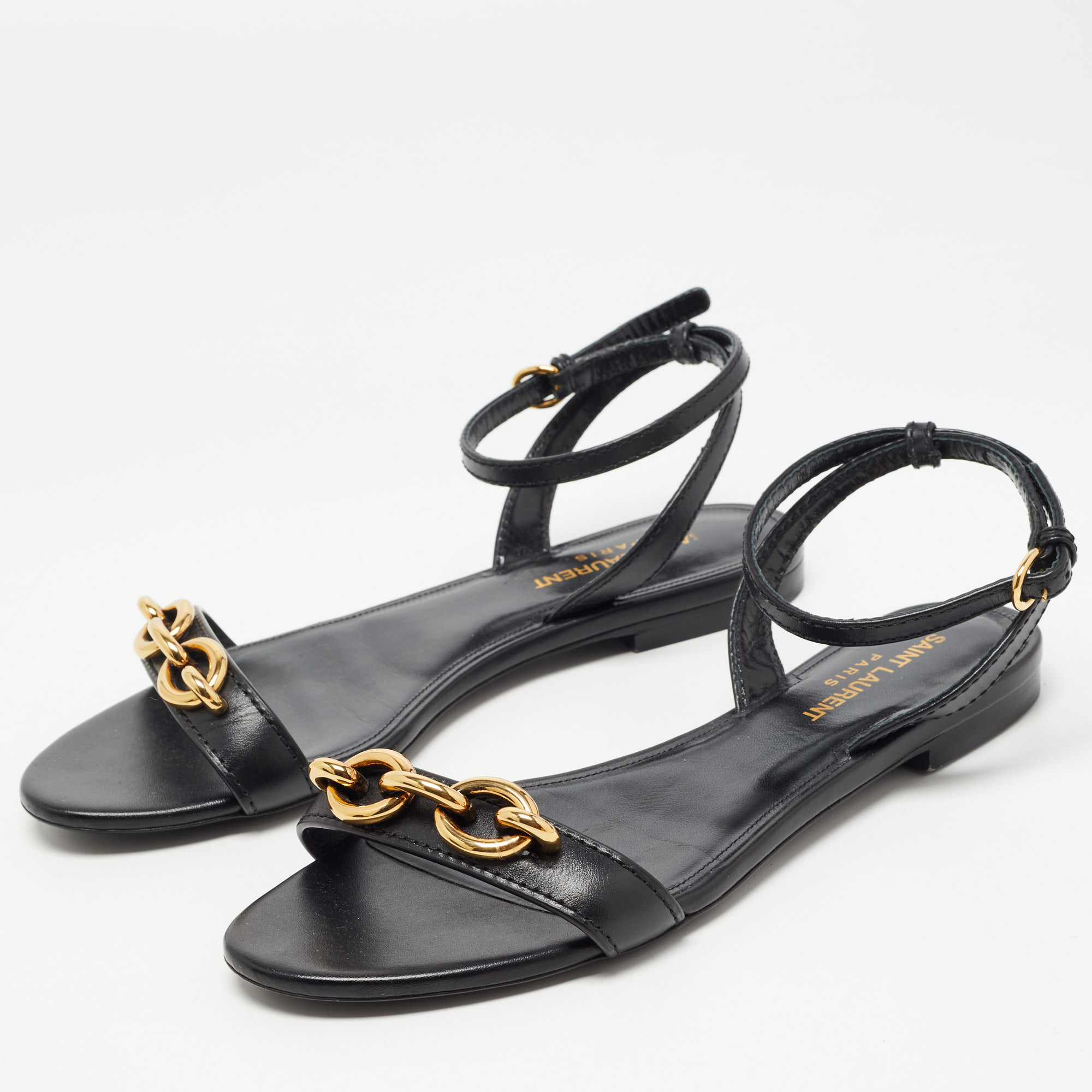 

Saint Laurent Black Leather Le Maillon Flat Sandals Size