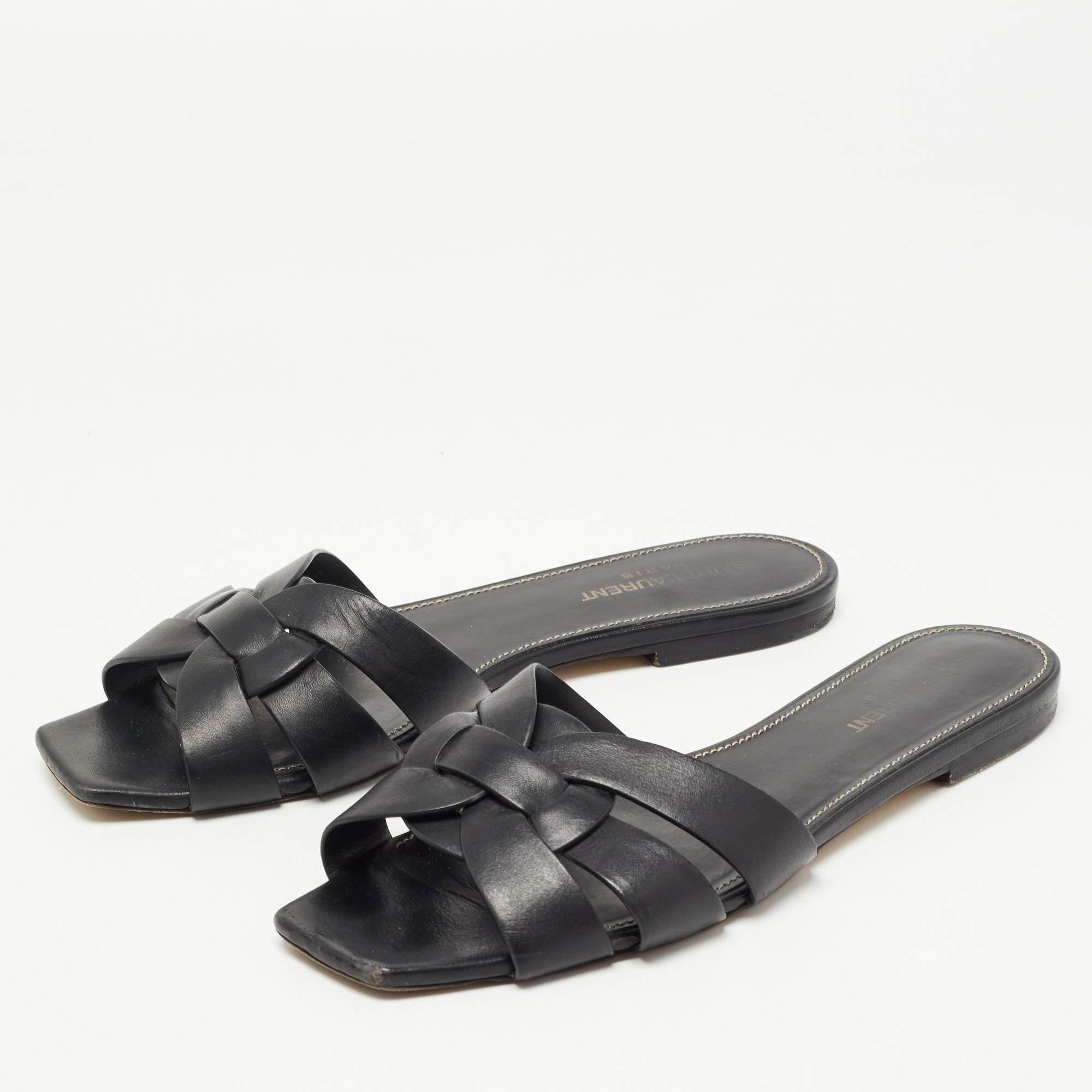 

Saint Laurent Black Leather Tribute Flat Slides Size