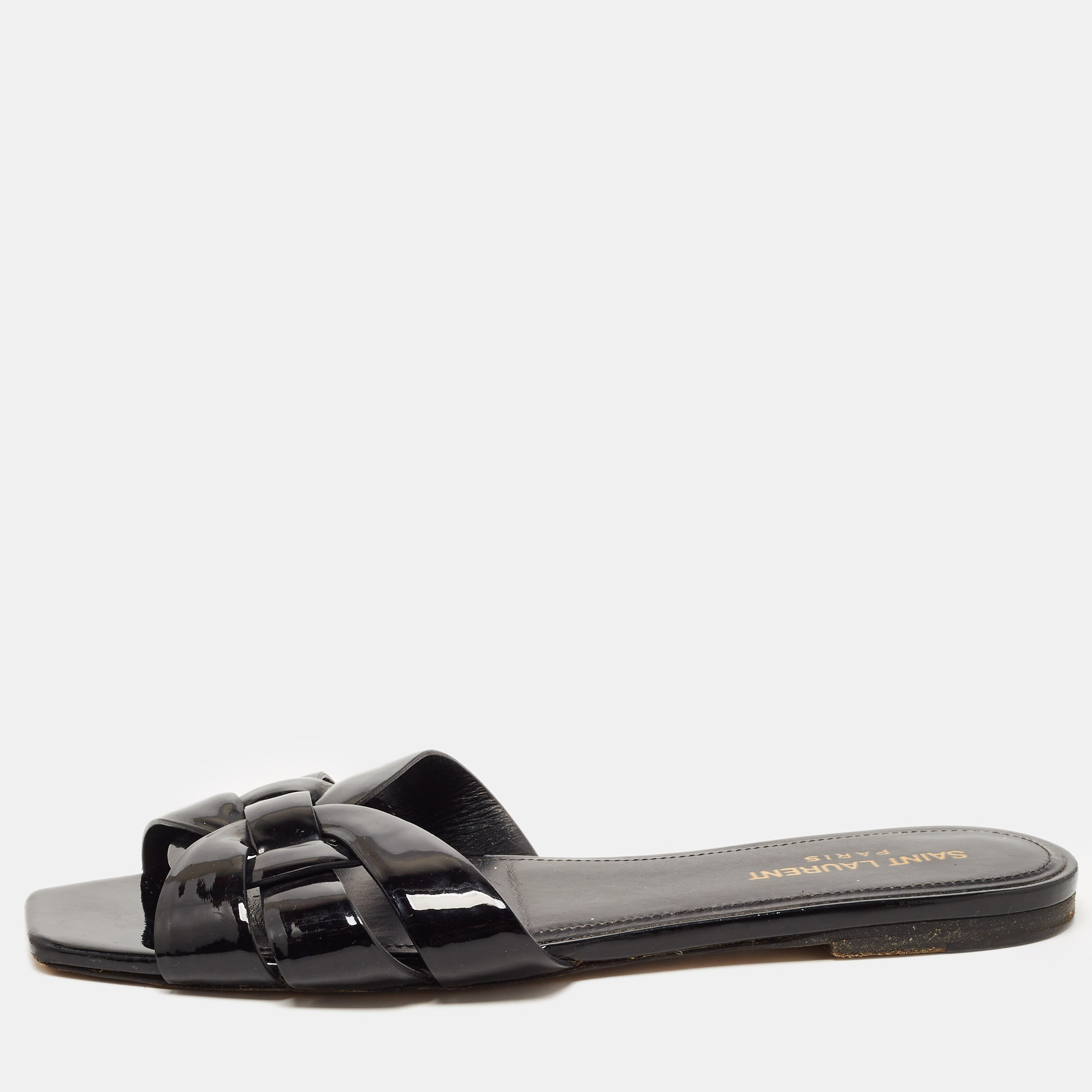 Saint Laurent Black Patent Leather Tribute Flat Slides Size 39