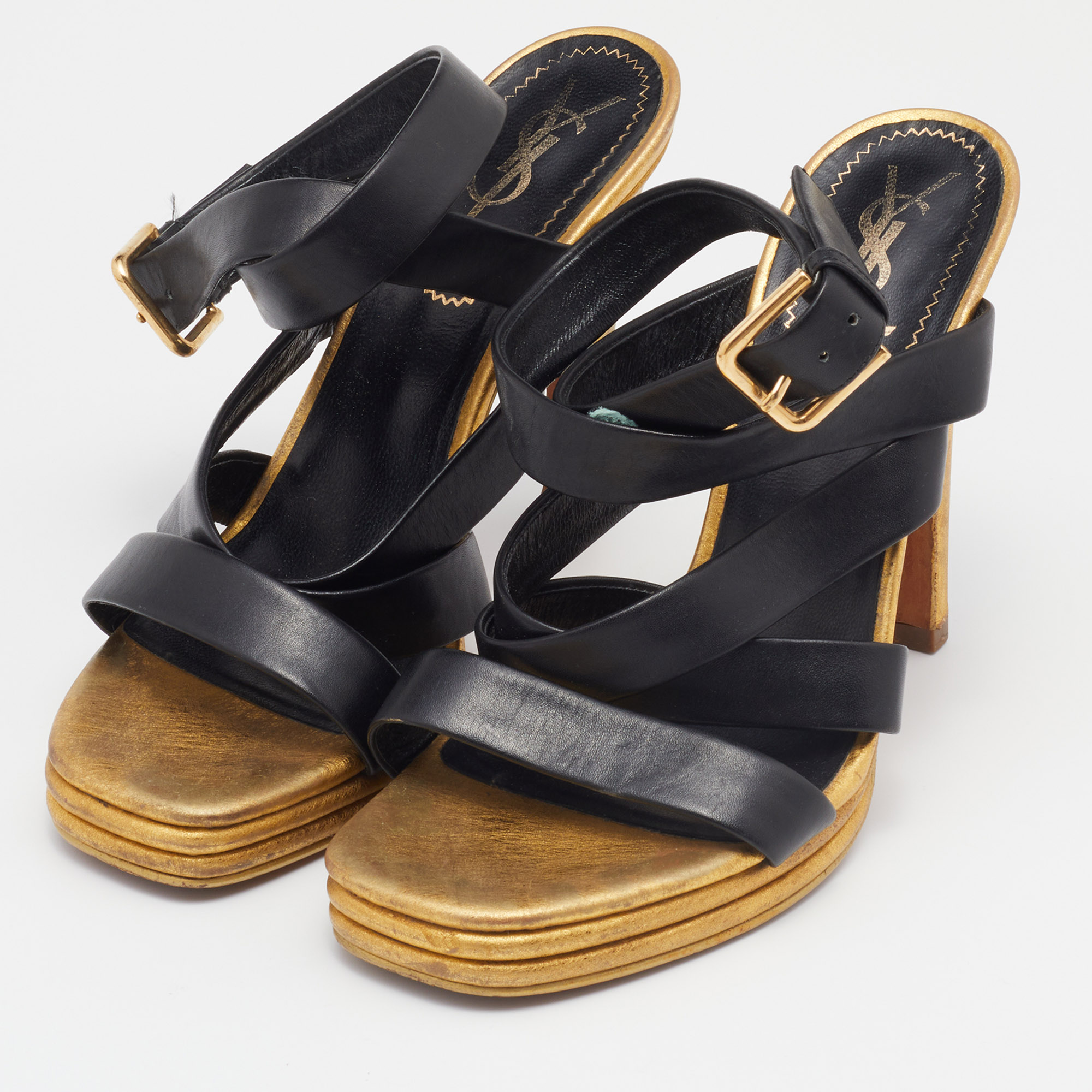 

Saint Laurent Black/Gold Leather Ankle Wrap Sandals Size
