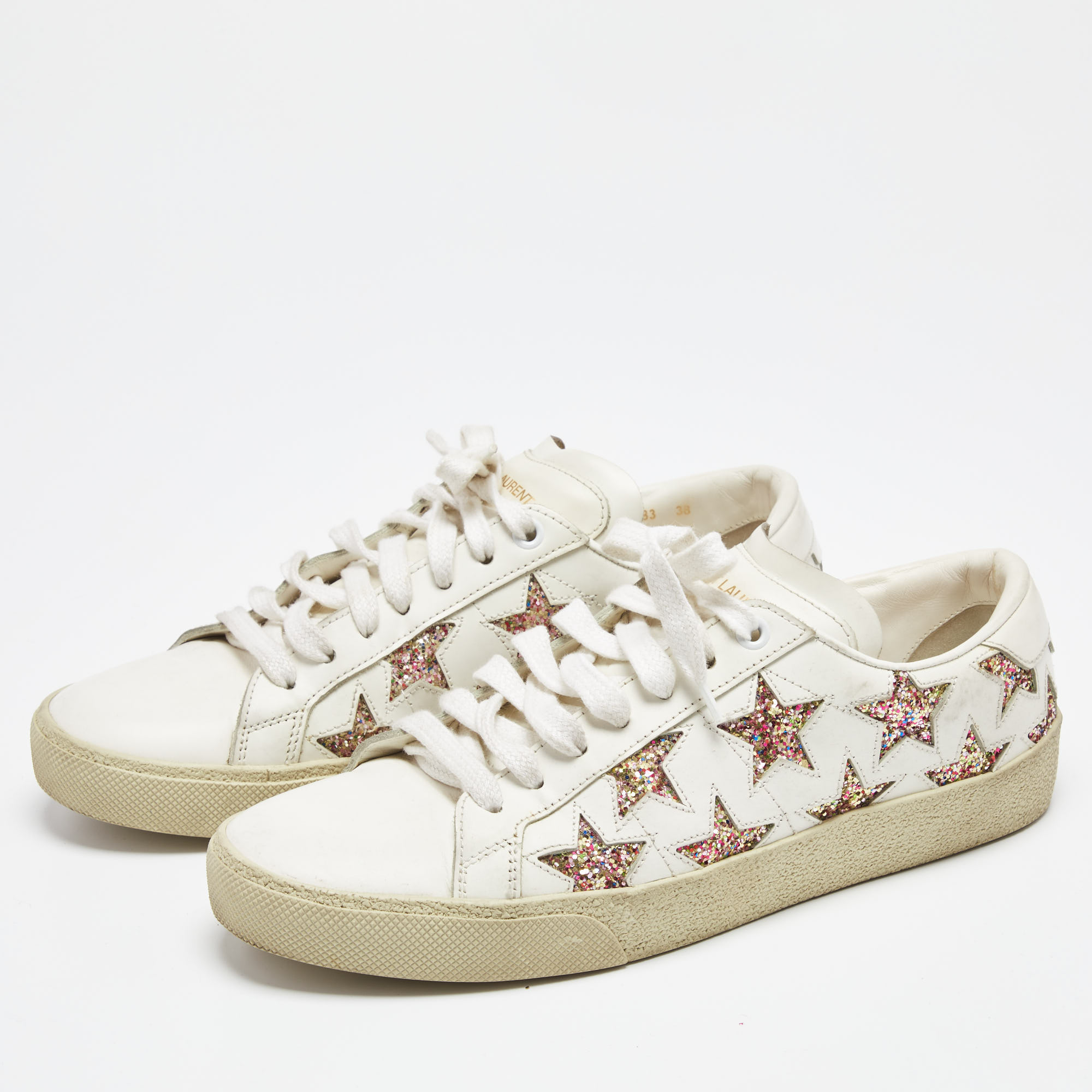 

Saint Laurent Paris White Glitter Leather Court Classic Lace Up Sneakers Size