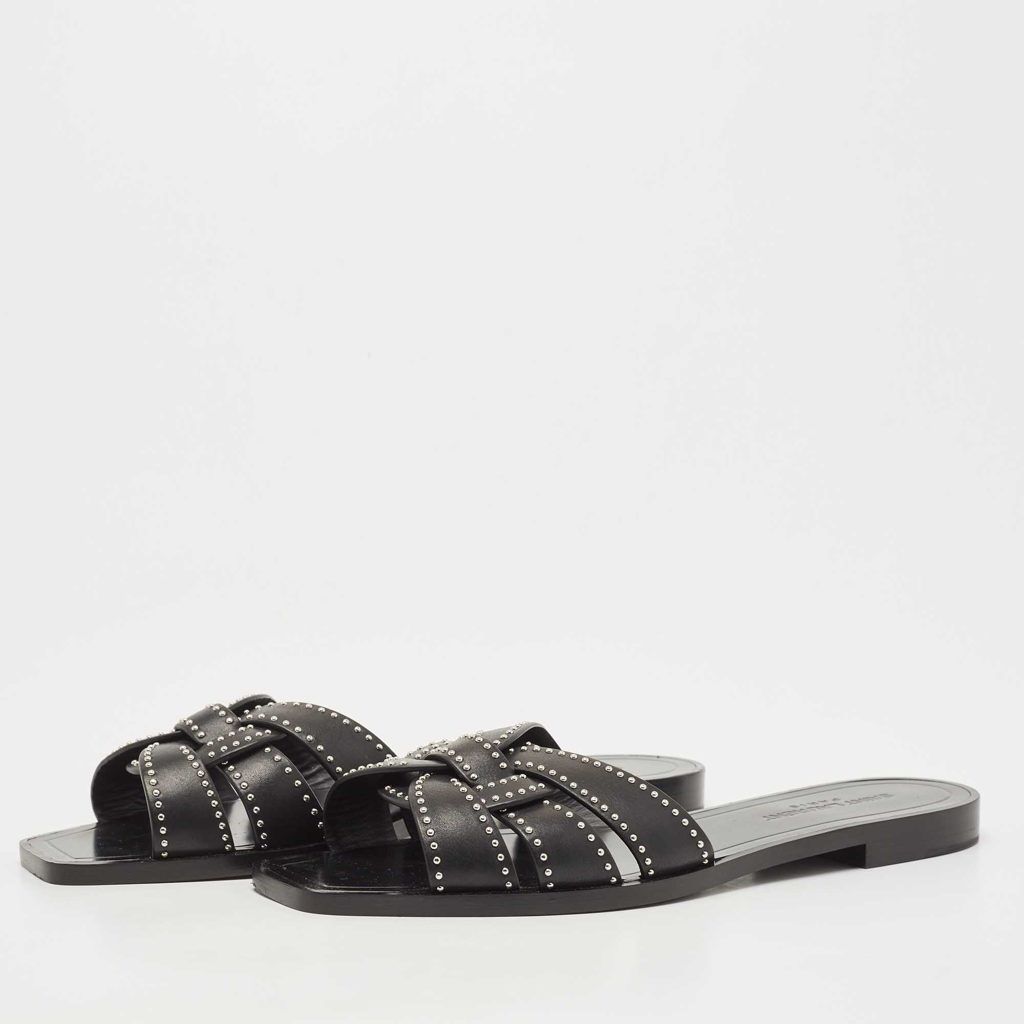 

Saint Laurent Black Leather Studded Tribute Flat Slides Size