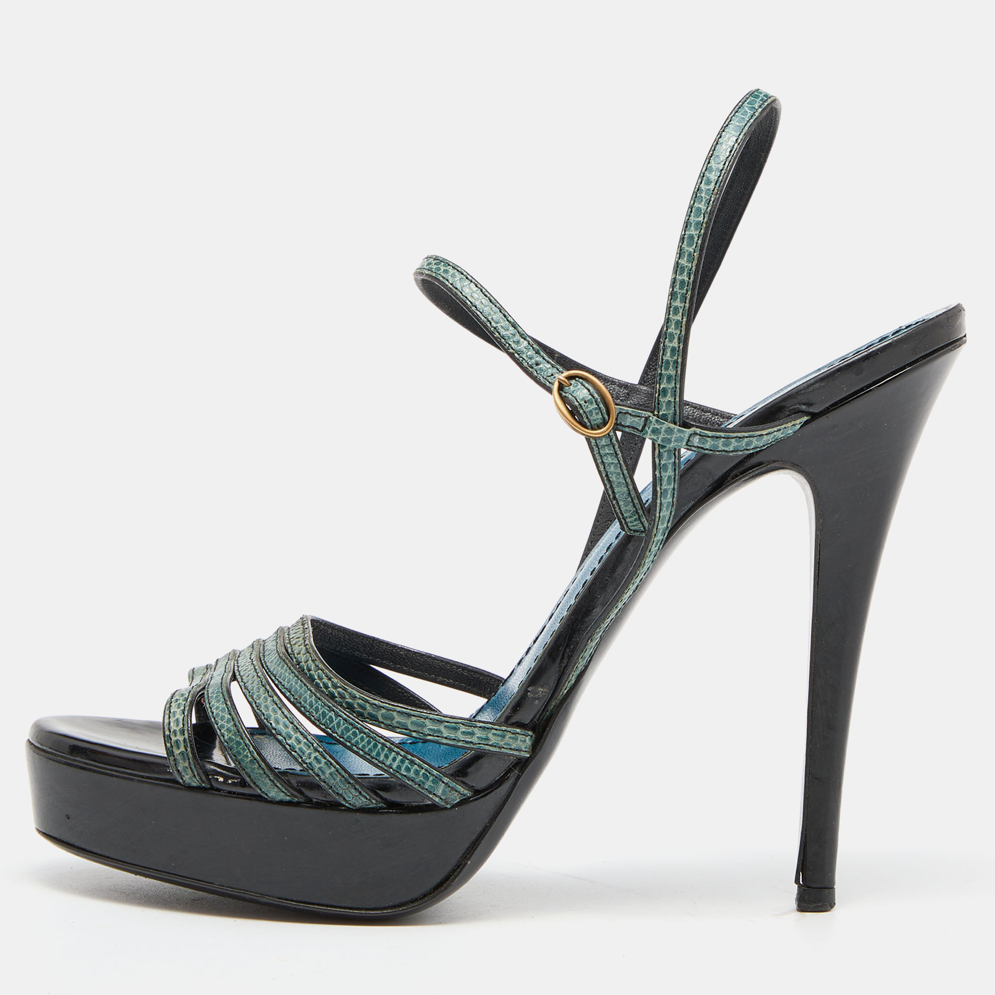 Pre-owned Saint Laurent Green/black Lizard Strappy Platform Sandals Size 38.5