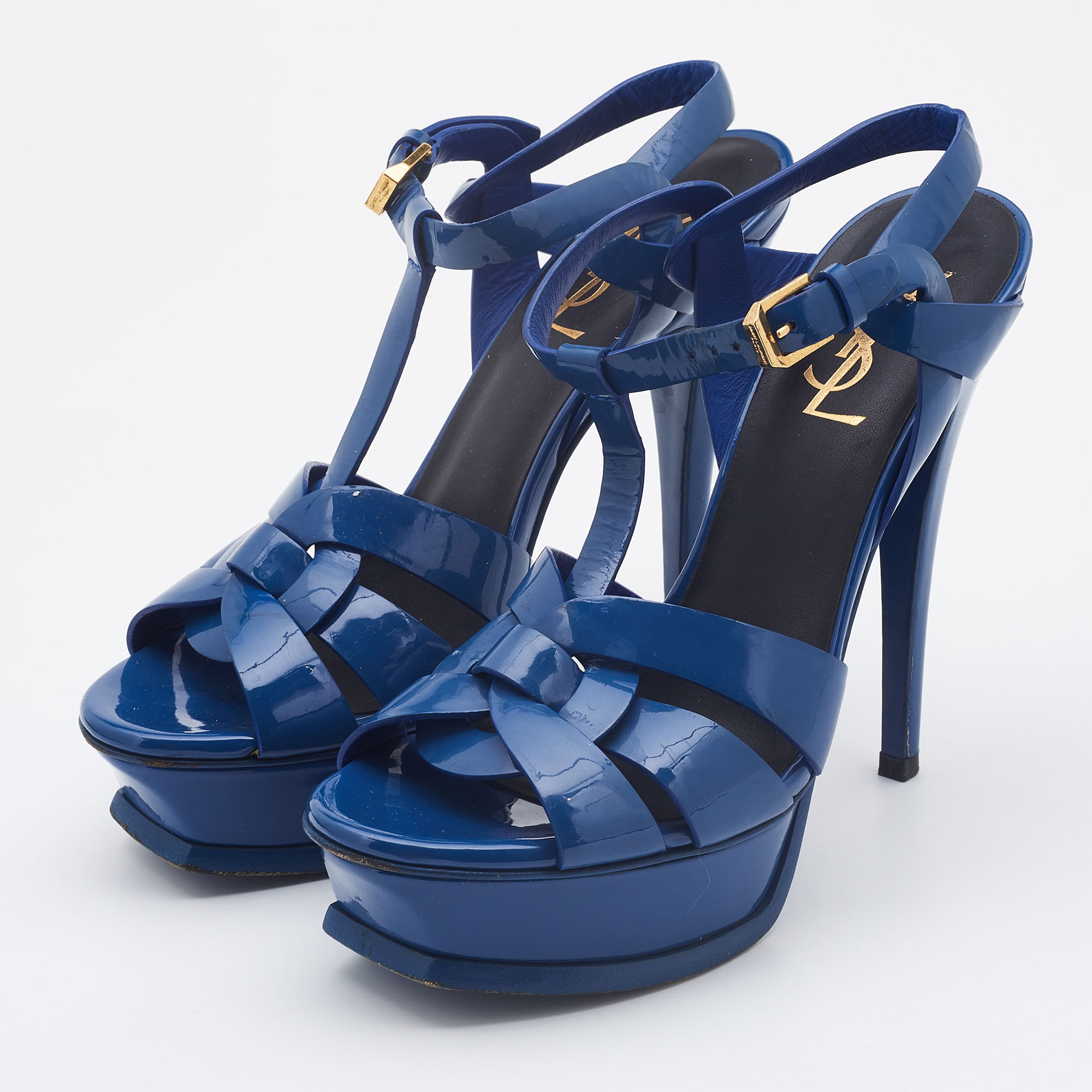 

Saint Laurent Blue Patent Leather Tribute Platform Sandals Size