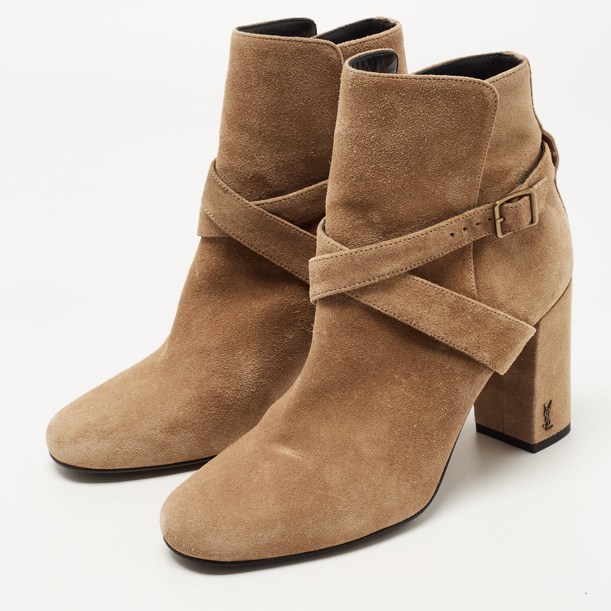 

Saint Laurent Brown Suede Cross Strap Buckle Ankle Boots Size