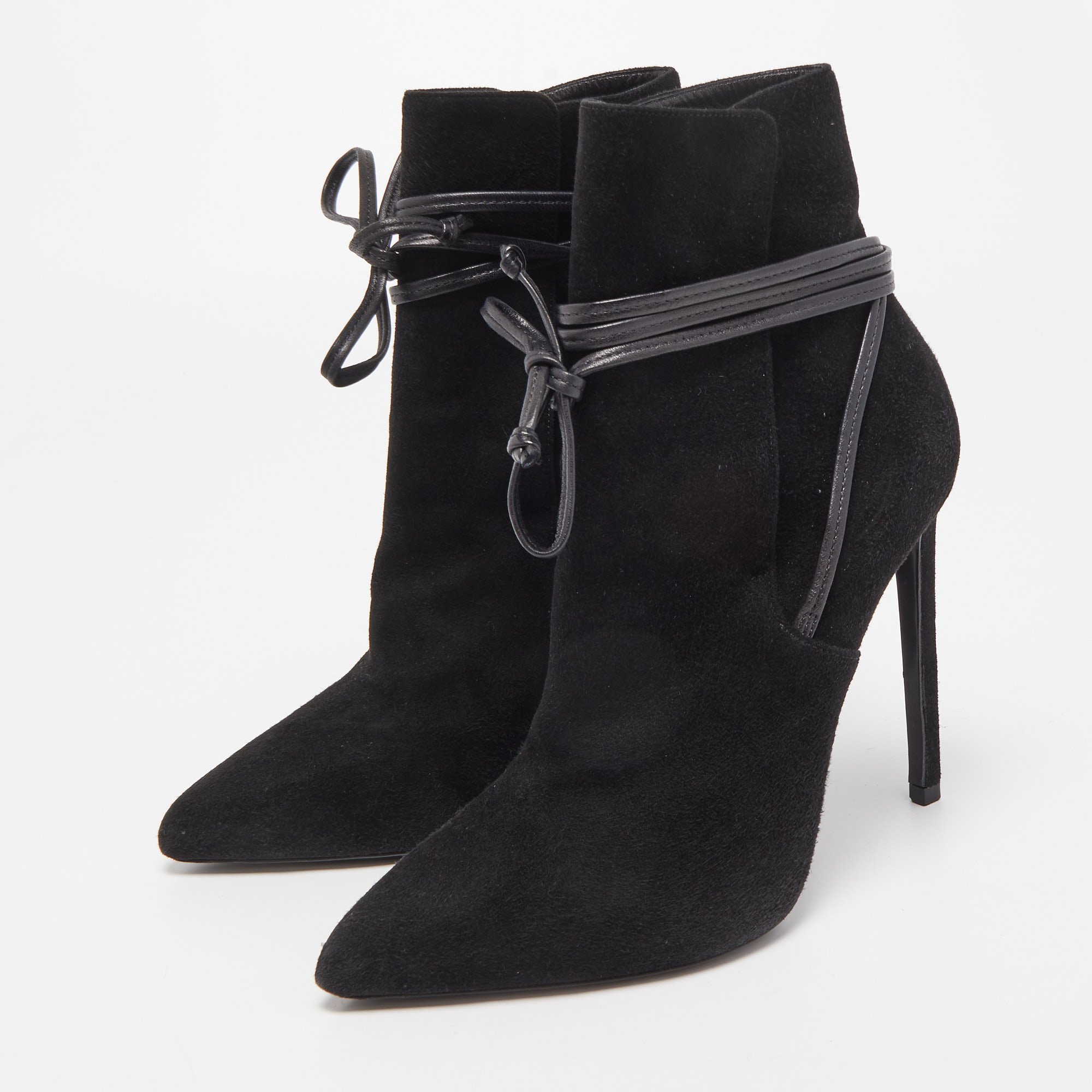 

Saint Laurent Black Suede Pointed Toe Wrap Ankle Boots Size