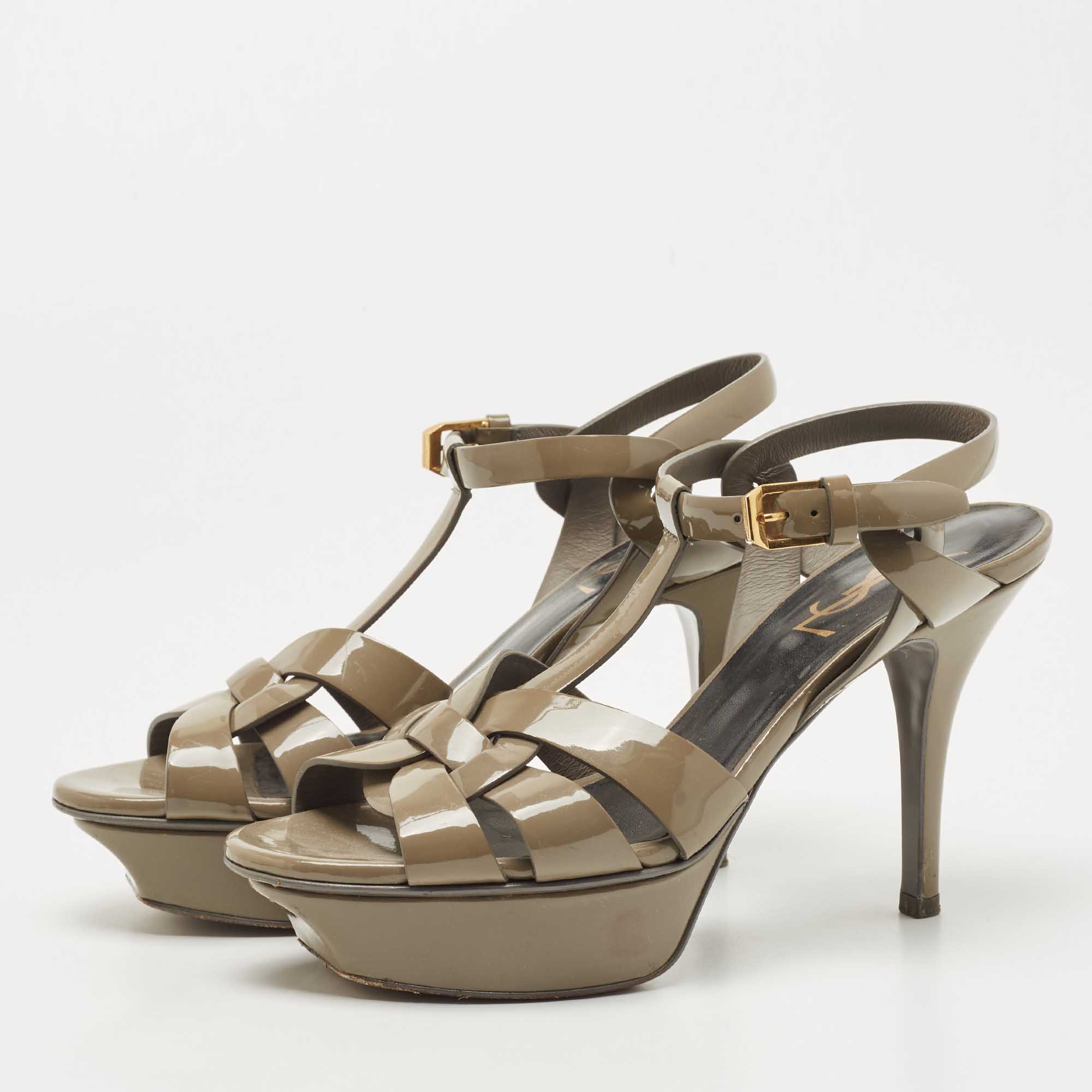 

Saint Laurent Olive Green Patent Leather Tribute Sandals Size