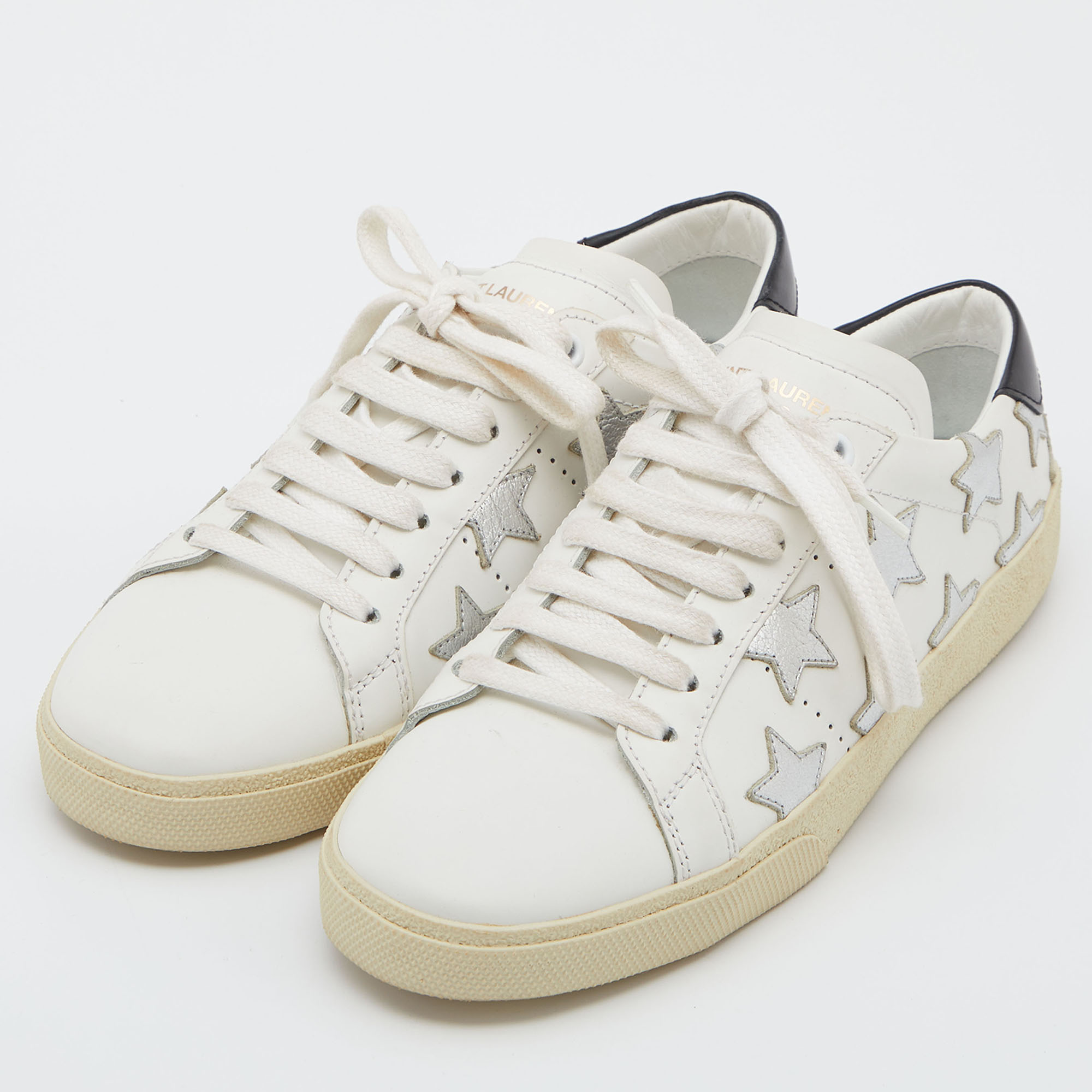 

Saint Laurent White/Silver Leather Court Classic Star Low Top Sneakers Size
