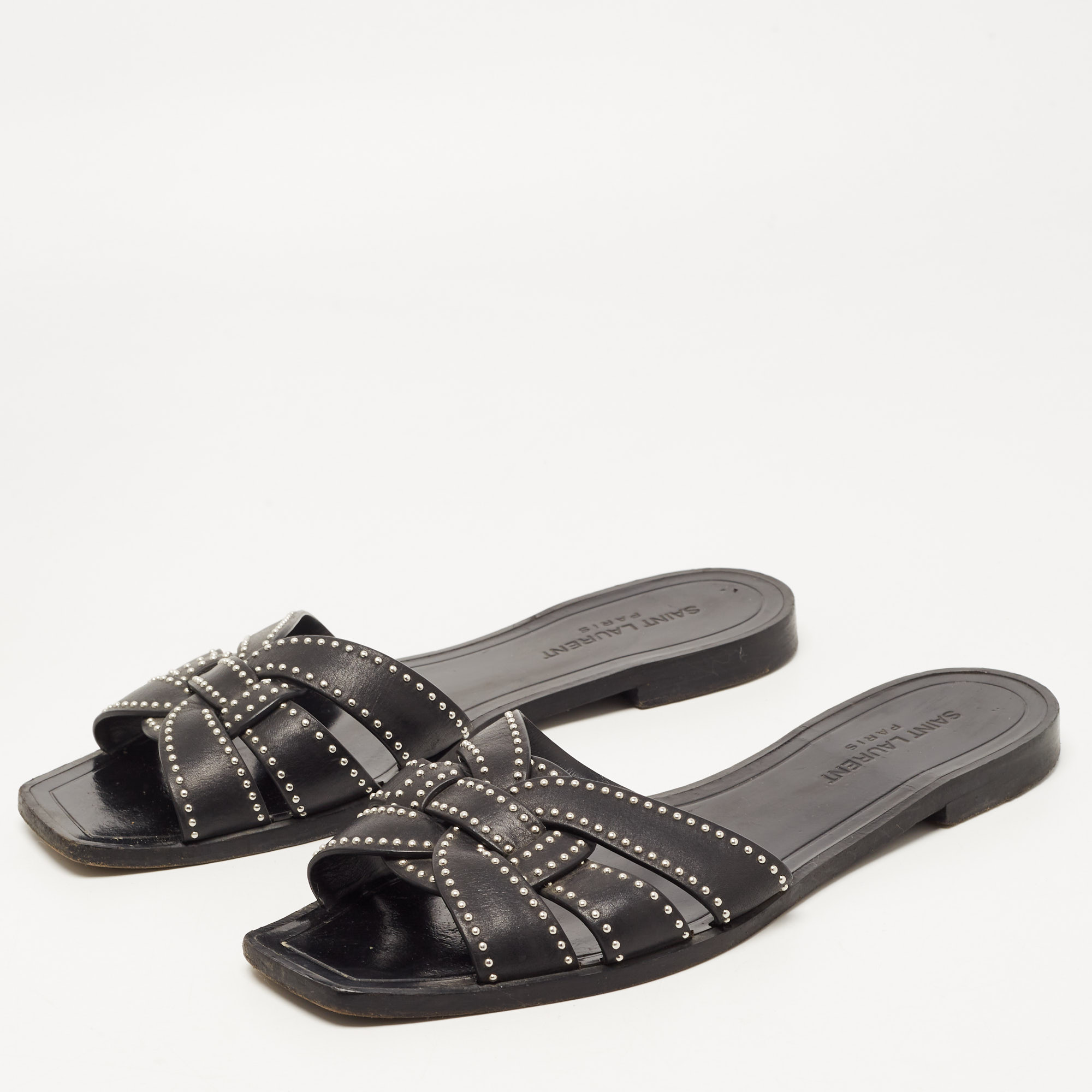 

Saint Laurent Black Leather Tribute Studded Flat Slides Size