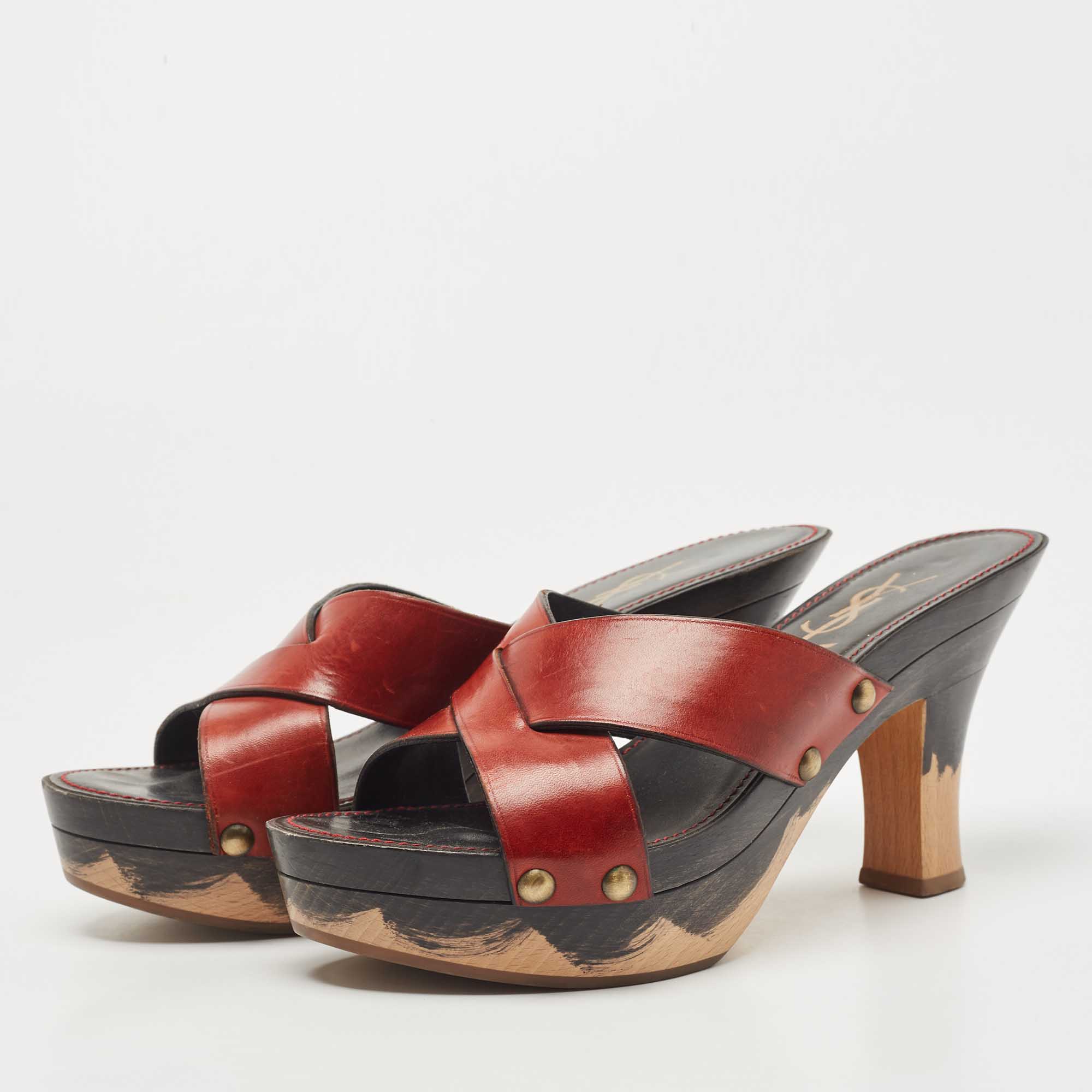 

Saint Laurent Brown Leather Cross Strap Wooden Clogs Size