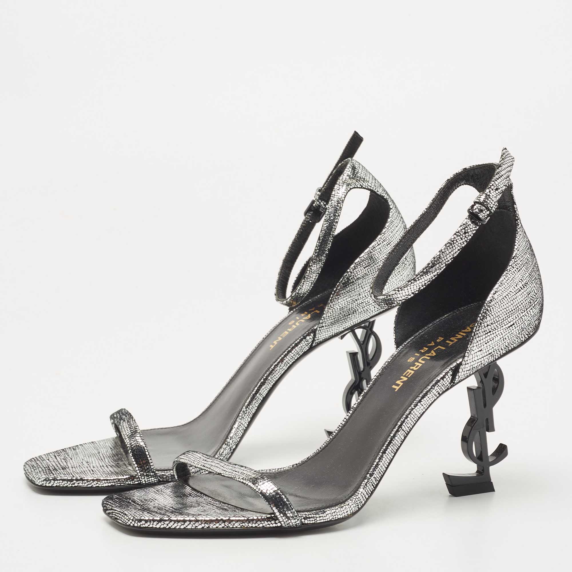 

Saint Laurent Metallic Laminated Suede Opyum Sandals Size