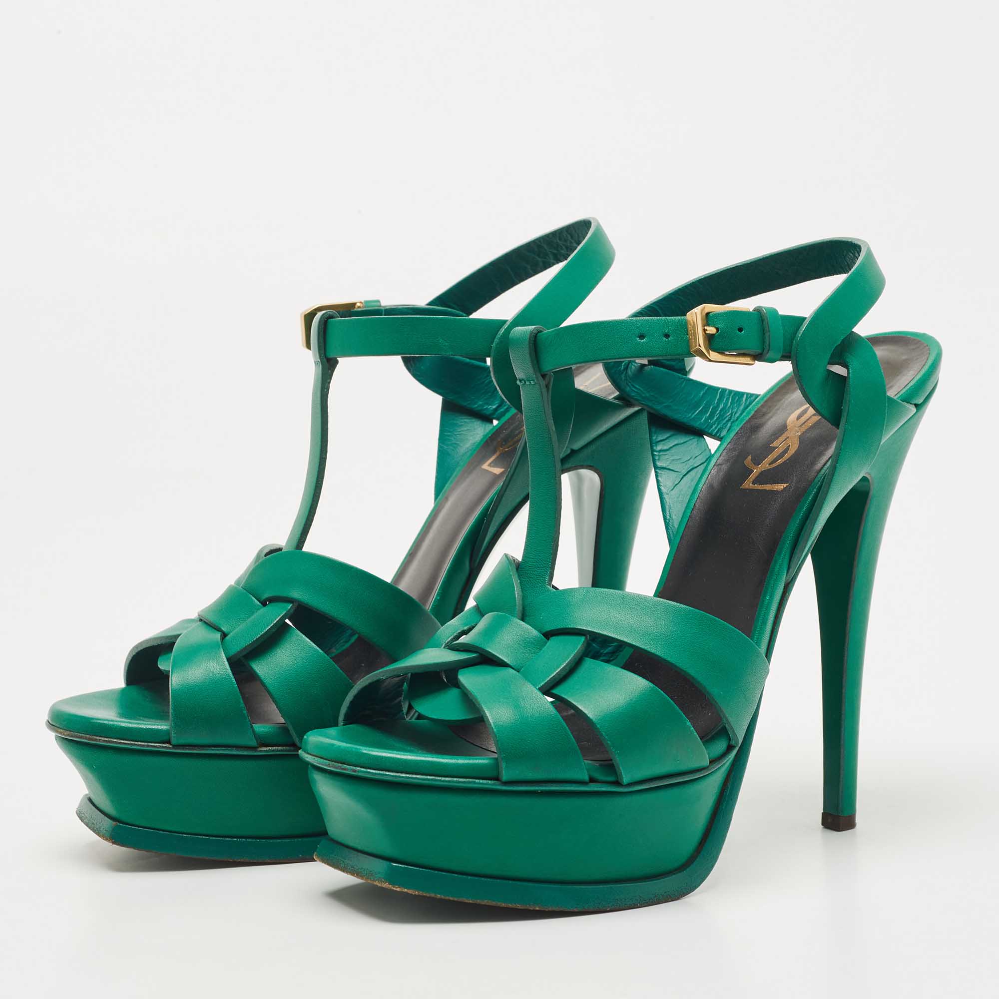 

Saint Laurent Green Leather Tribute Platform Ankle Strap Sandals Size