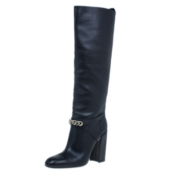 Pre Owned Saint Laurent Paris Black Leather ‘New Chyc 105′ Chain Link Knee Length Boots Size 39.5