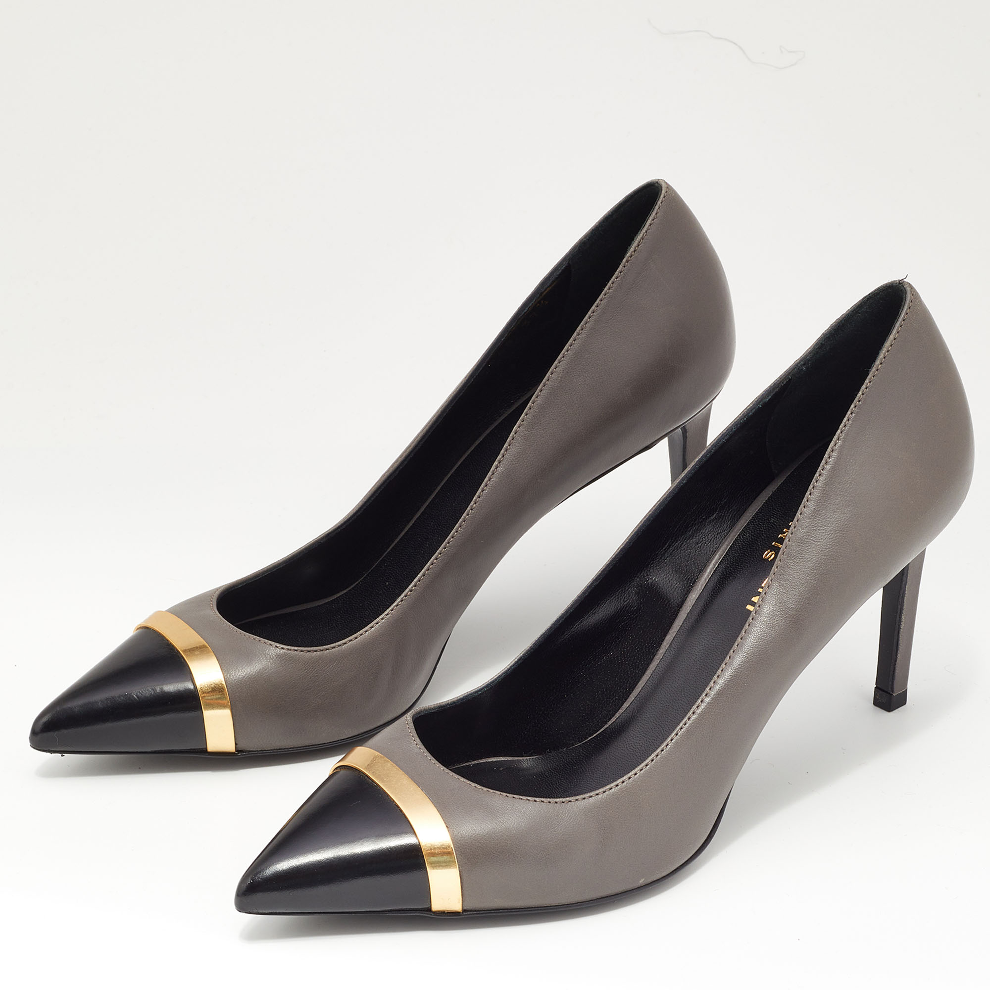 

Saint Laurent Grey/Black Leather Metal Pointed Toe Pumps Size